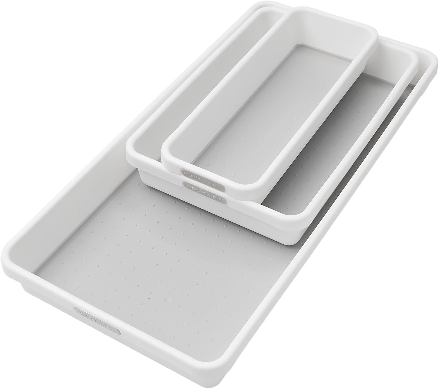 madesmart Classic 3 Bin Drawer Organizer Set, White | non slip feet, rounded corners, modular layout, mixed sizes, custom fit, office craft supplies, makeup tools, woman owned