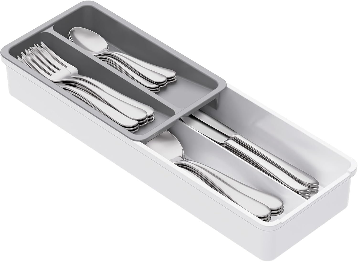 Lifewit Compact Silverware Organizer for Kitchen Drawer | Narrow Flatware Tray Holder, Plastic Cutlery Spoons, Forks and Knives Storage, White&Gray, 1 Pack