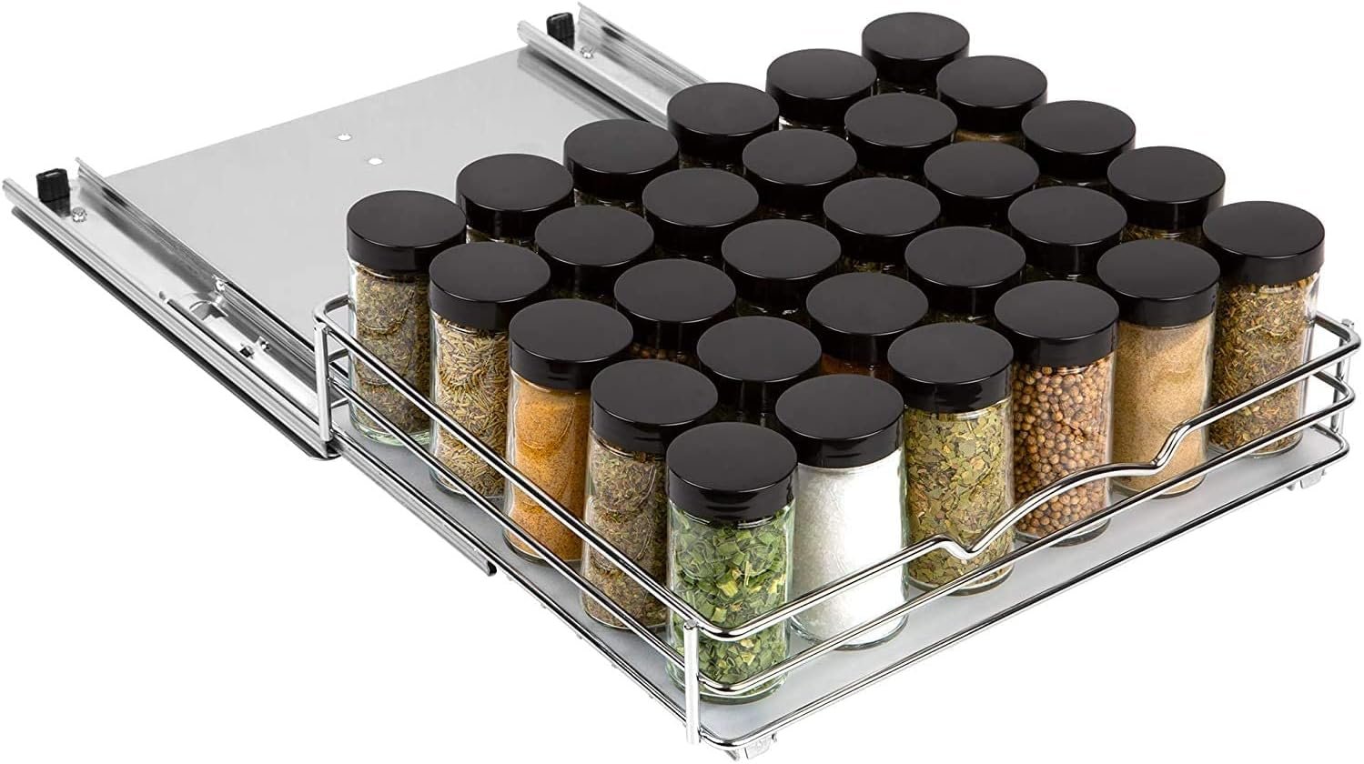 Pull-Out Cabinet Spice Rack Organizer, 12 ⅜”W x 10 ⅜”D x 2 ¾”H | Slim Slide-Out Storage for Spices, Bottles & Jars, Premium Heavy-Duty Steel, Easy Install for Narrow Kitchen Cabinets, Chrome