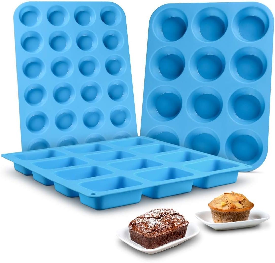 CAKETIME Silicone Muffin Pan – Cupcake Pan, Mini Loaf Pan Silicone Baking Molds Food Grade 3-Pack