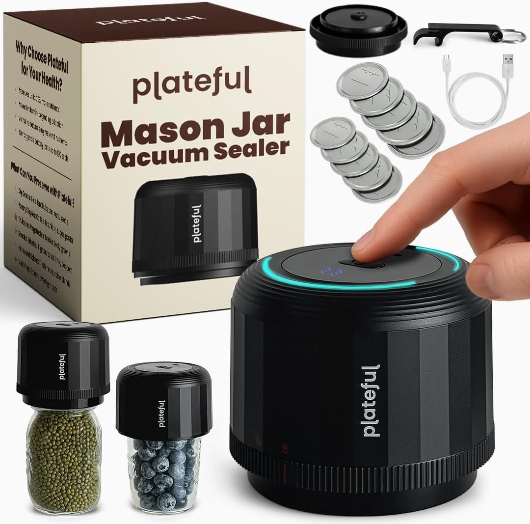 Plateful VacuFresh Electric Mason Jar Vacuum Sealer Kit (10 Lids Included) – For Wide Mouth & Regular Mouth Jars, Cordless, Portable Jar Vacuum Sealer For Food Storage With Lids, Opener, Charger