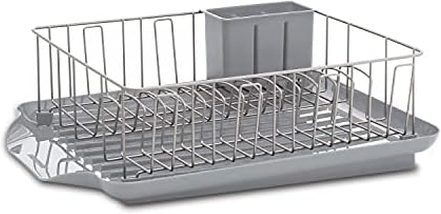 Farberware Classic 3-Piece Dish Drying Rack Set, Gray – Rust-Resistant Dish Rack for Kitchen Counter with Self-Draining Board and Flatware Caddy
