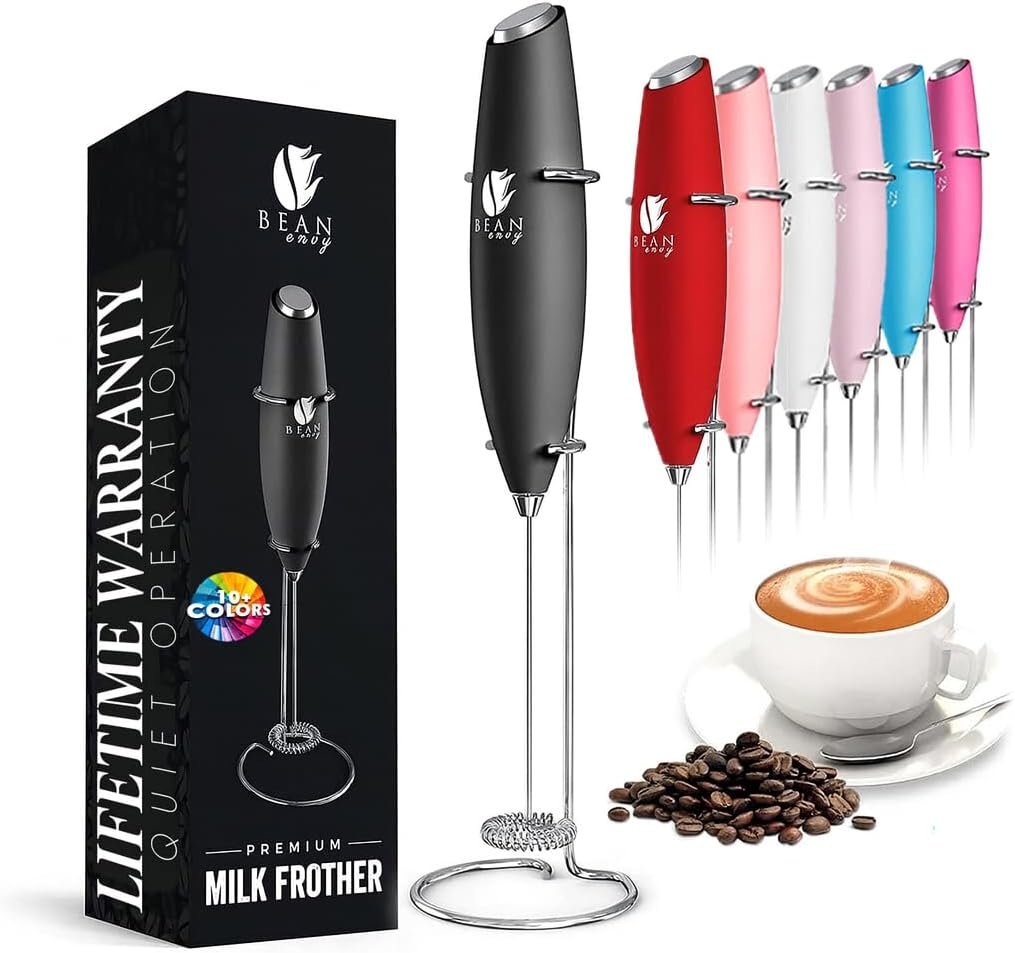 Bean Envy Milk Frother Handheld – Coffee Mixer Wand with Stand – Black | Battery Operated, Stainless Steel Whisk, 19000 RPM, Protein Powder Blender, Electric Stirrer, Mini Foamer