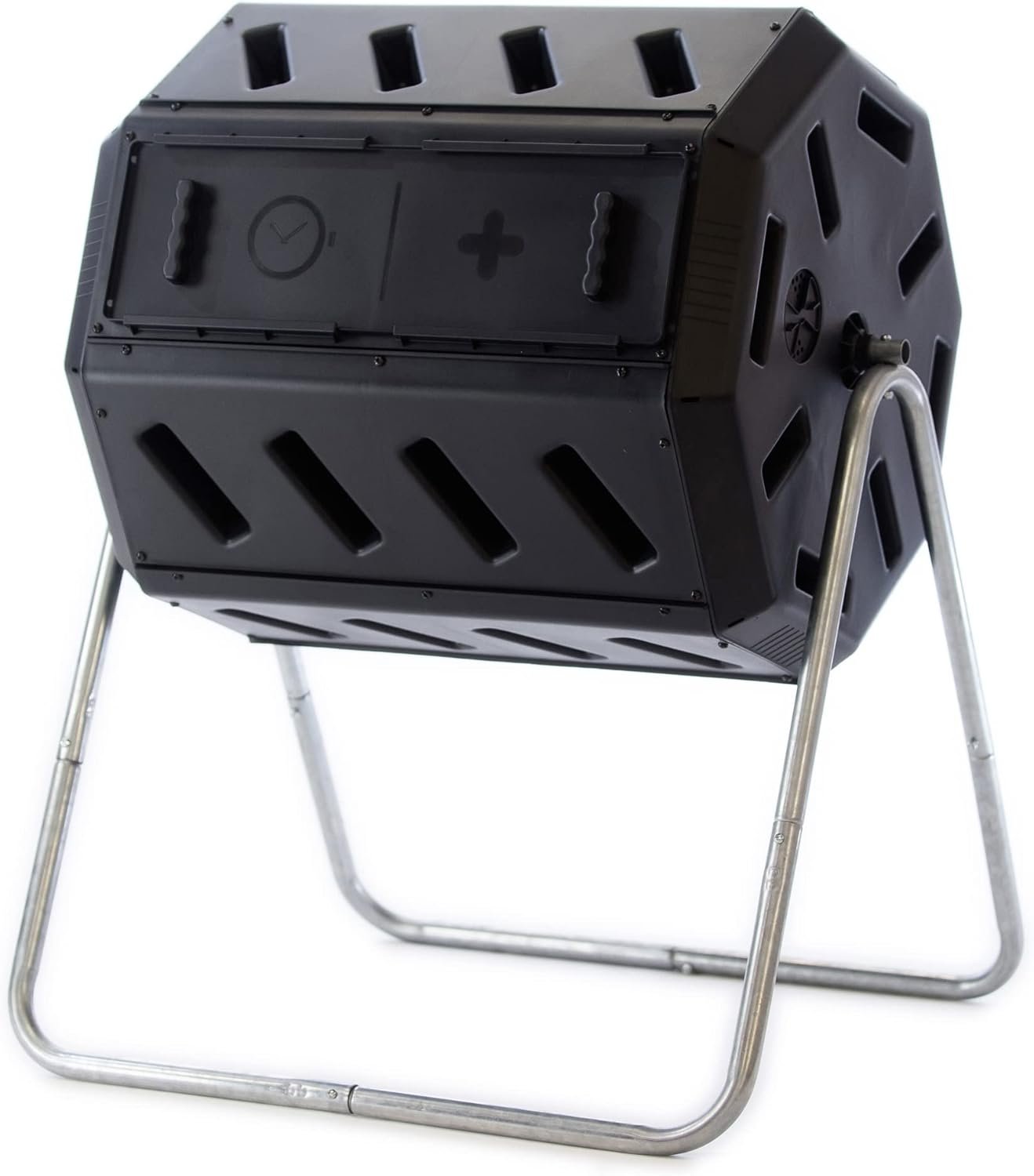 FCMP Outdoor Heavy Duty 37 Gallon 8 Sided Steel Portable Plastic Dual Chamber Tumbling Composter Outdoor Elevated Rotating Garden Compost Bin, Black | Portable Plastic Dual Chamber Tumbling Composter Outdoor Elevated Rotating Garden Compost Bin