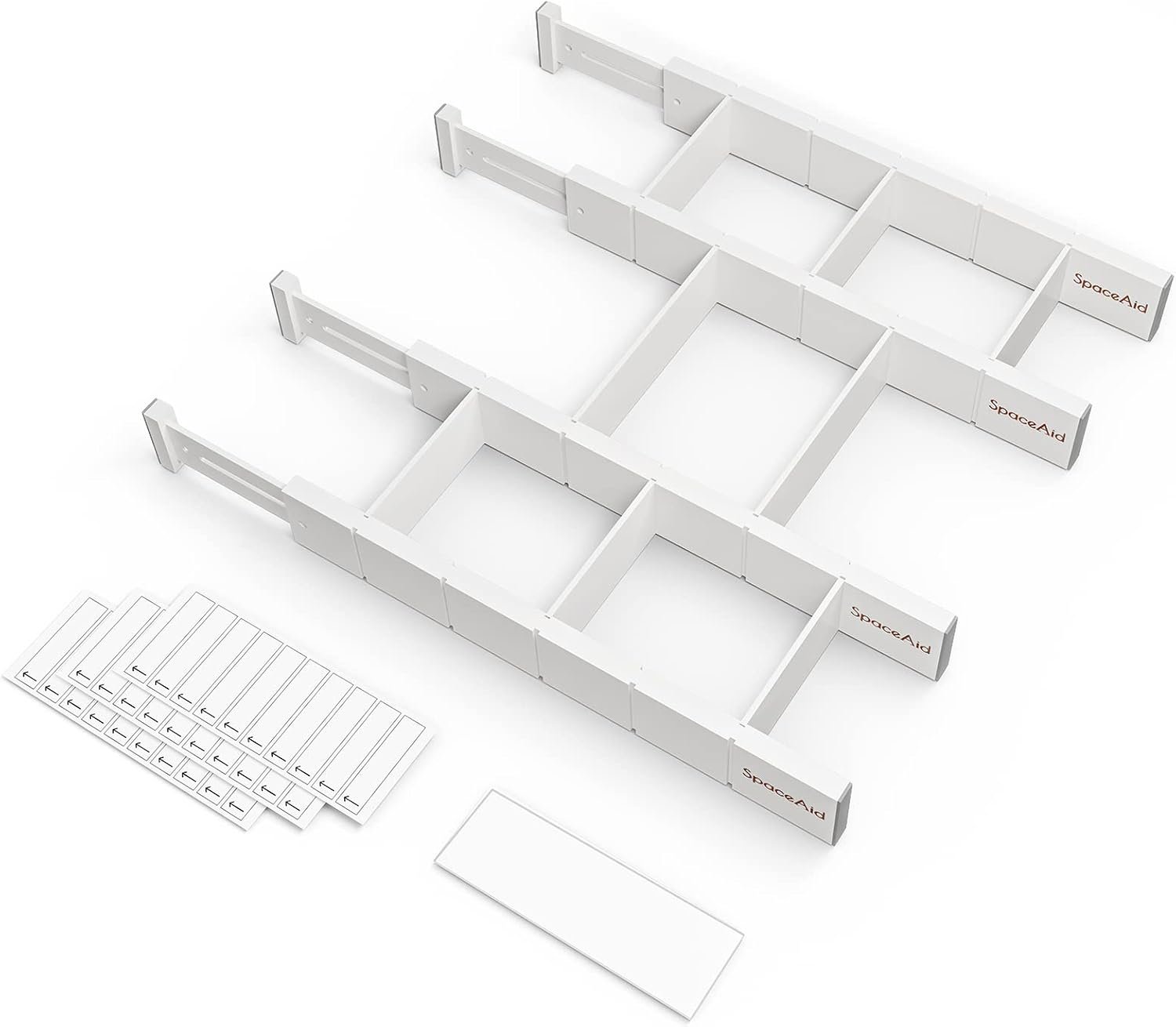 SpaceAid Bamboo Drawer Dividers with Inserts and Labels, Kitchen Adjustable Drawer Organizers, Expandable Organization for Home, Office, Dressers, 4 Dividers with 9 Inserts (17″-22″ White)