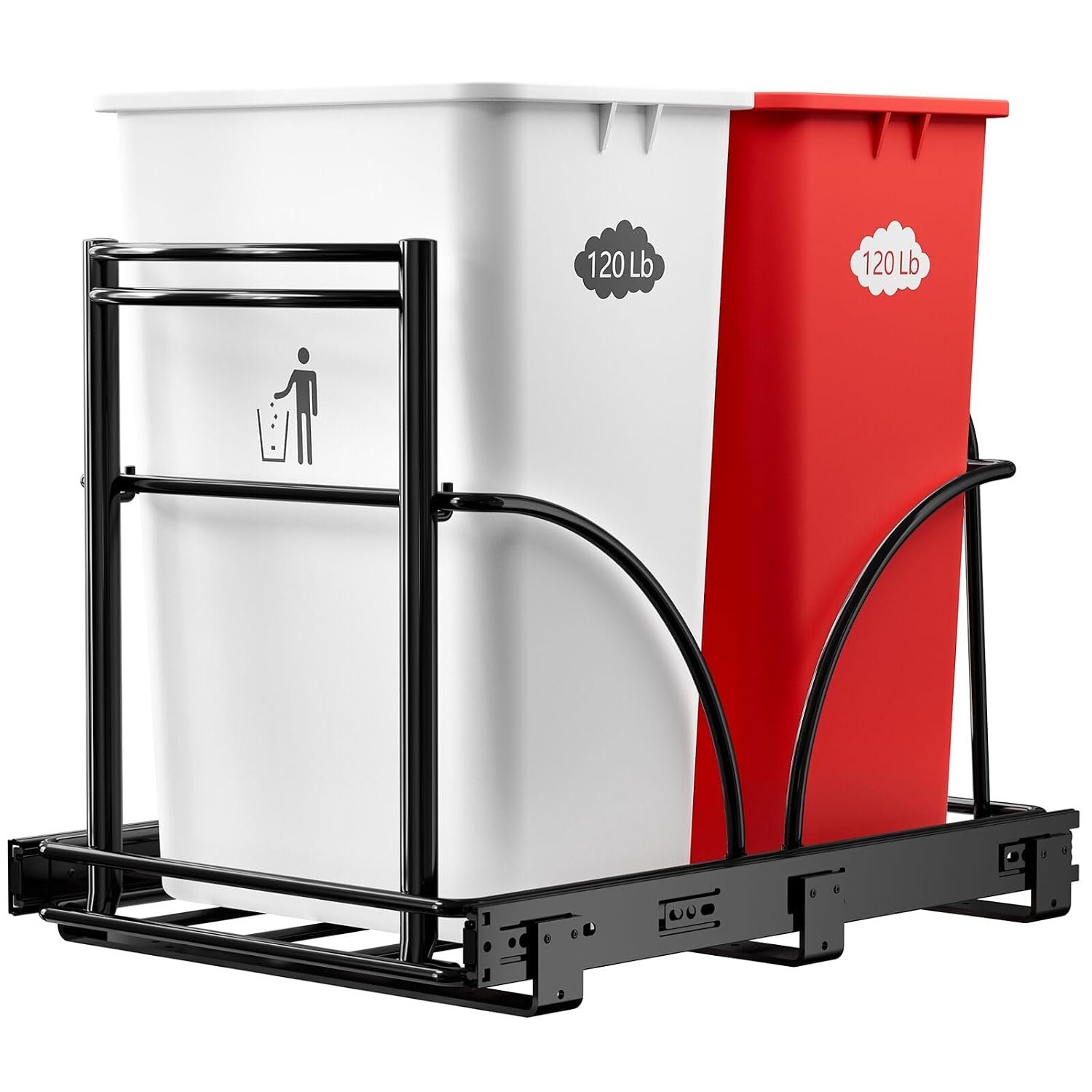 Dual Under Sink Trash Can Heavy Duty Pull Out Trash Can Under Cabinet, Fits 2x35Qt (7-9 Gal) Commercial Trash Cans Cabinet Trash Bin Pull Out Kit Requires ≥ 22”Dx 16”Wx 17”H, No Can (Black)