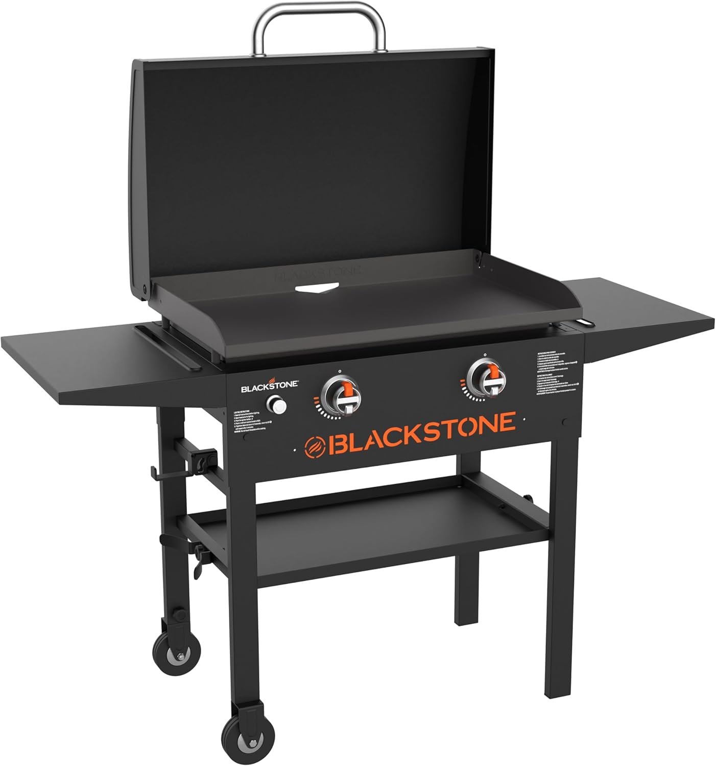 Blackstone 1883 Original 28″ Omnivore Griddle with Hood, Black | Counter Height Side Shelves, Powder Coated Steel, 2 Burner Propane Griddle
