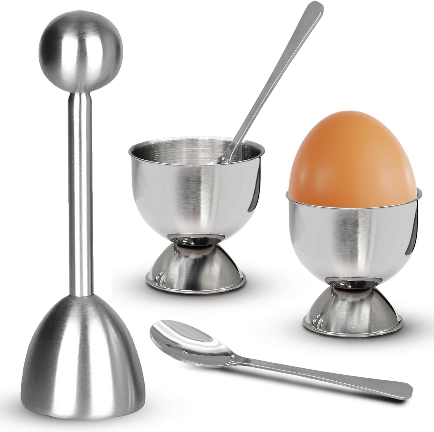 Egg Cups & Cracker Set of 5 | 1 Stainless Steel Egg Topper Cutter, 2 Egg Holders for Soft Boiled Eggs, 2 Egg Spoons for Boiled Eggs