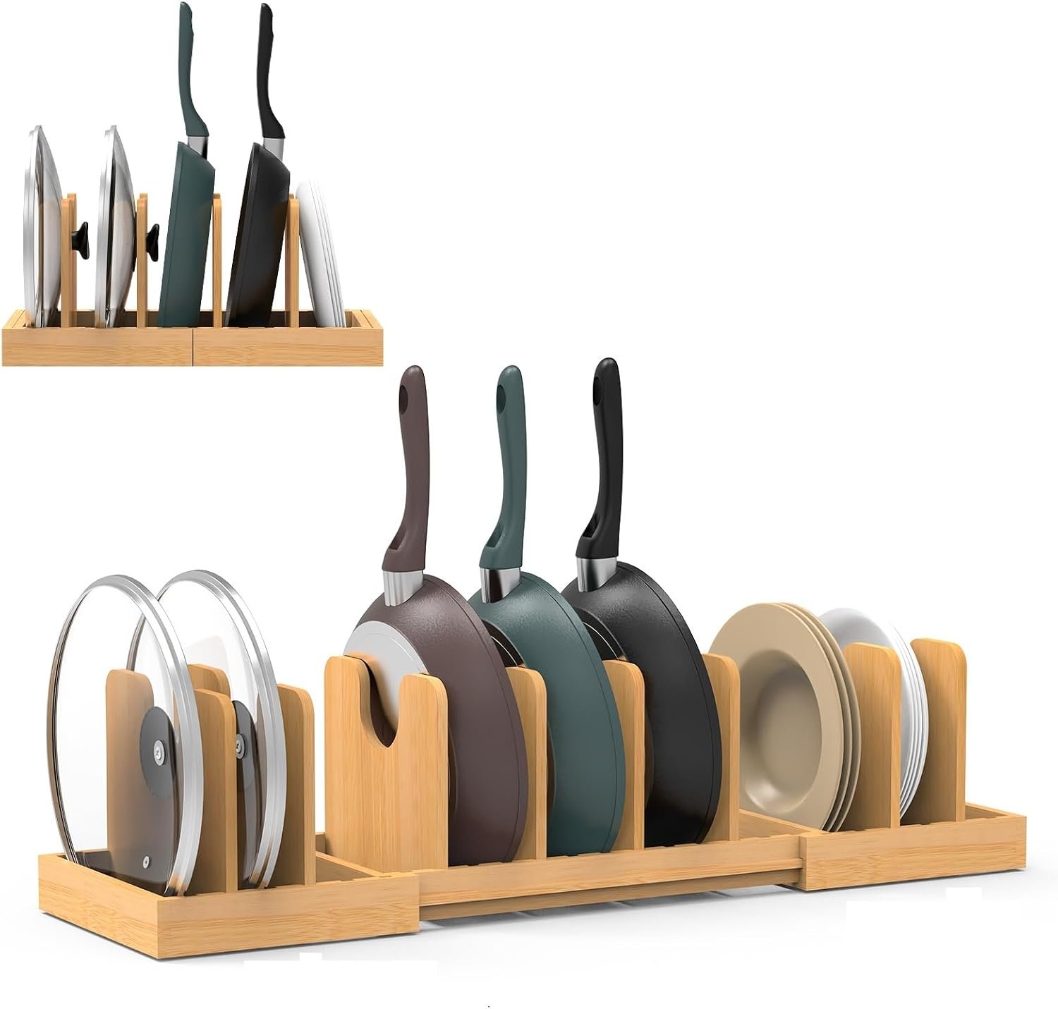 Pots and Pans Organizer Under Cabinet,Bamboo Pot Lid Organizer | Expandable Pan Organizer, Pot and Pan Organizer Rack for Kitchen Countertop or inside Cabinet