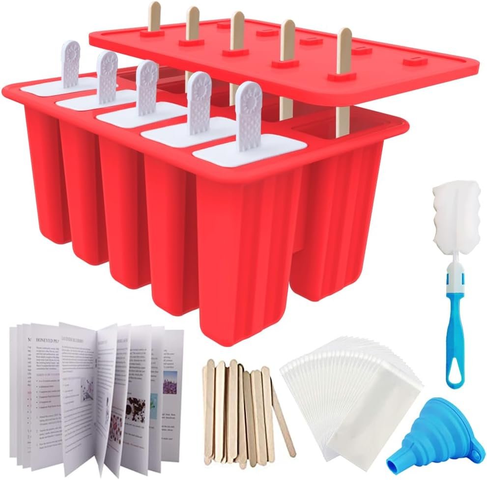 10-Cav Popsicle Molds, Silicone Ice Pop Mold for DIY Frozen Treats | with 10 Reusable Sticks, 50 Wooden Sticks, 50 Storage Bags, Funnel, Brush, Recipe, Make Healthy Pops, Smoothies, Juice