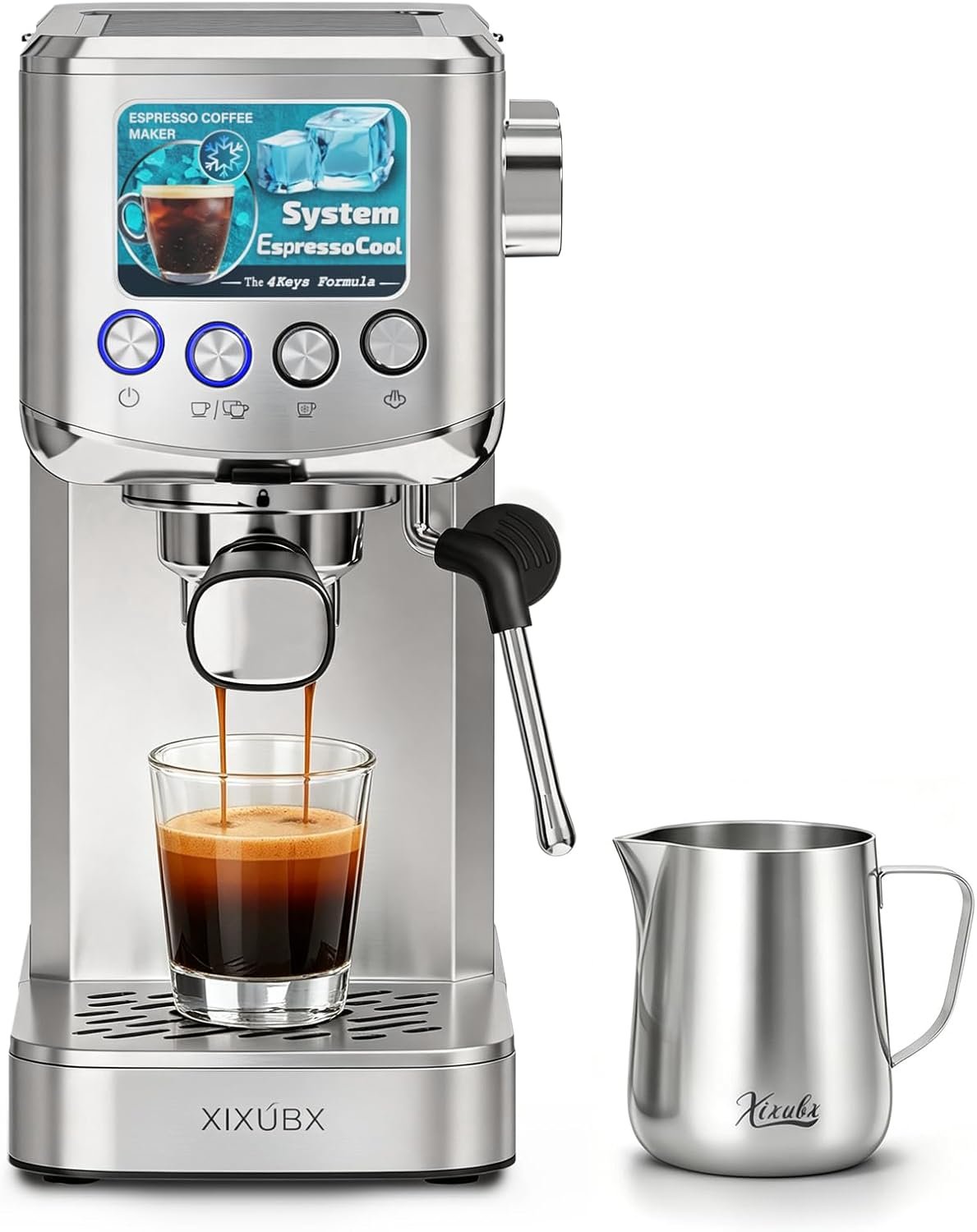 XIXUBX Cold Brew Espresso Maker with Milk Frother for Cappuccino & Latte | 20-Bar Pump, Built-in Pressure Gauge, Powerful Steam Wand, Milk Frothing Pitcher, 42 oz Removable Water Tank, Stainless Steel