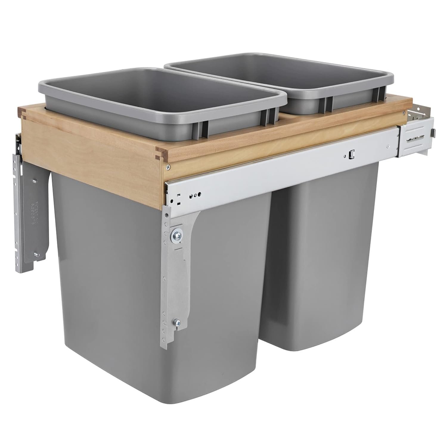 Rev-A-Shelf Double Top-Mount Pullout Trash Can, Min Opening 15″ W, 35 Qt | Under Kitchen Cabinet Large Capacity Waste/ Recycling Containers, 150 Lbs Rated Full-Extension Slides, 4WCTM-18BBSCDM2 Silver