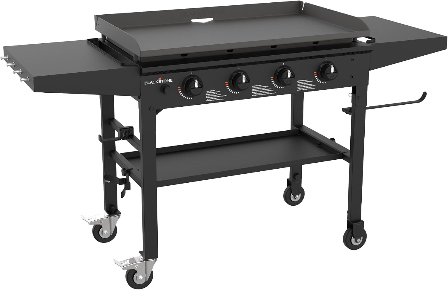 Blackstone 36 Inch 4 Burner 60,000 BTU Portable Steel Griddle Cooking Station with Foldable Legs, Grease Pan, and Storage Rack, Black | Folding Side Shelves, Powder Coated Steel