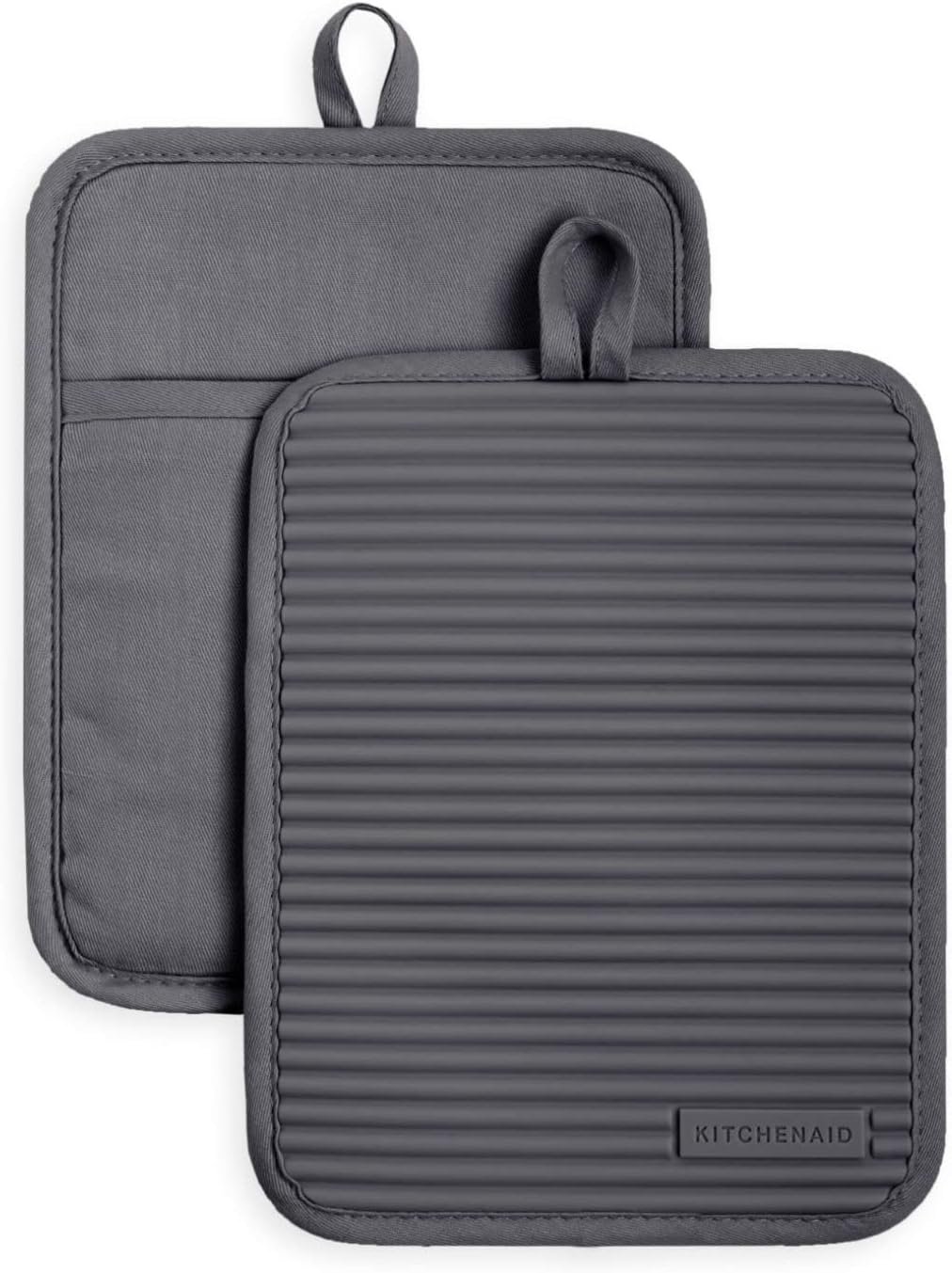 KitchenAid Ribbed Soft Silicone Pot Holder 2-Pack Set, Charcoal Grey, 7″x9″