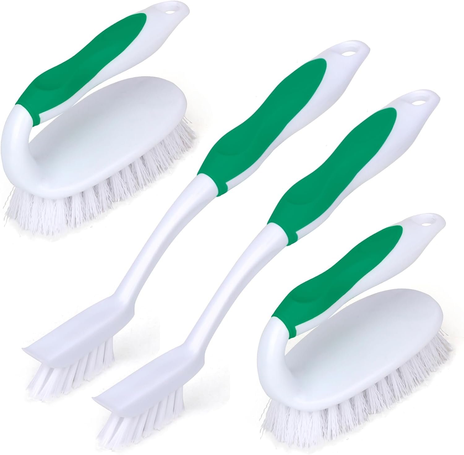 Scrub Brush Set, 4 Pack Deep Cleaning Brush Kit, Green | 2 Scrub Brush, 2 Tile & Grout Brush with Built-in Scraper, Household Commercial Scrubber for Floor, Shower, Pool Wall, Tub