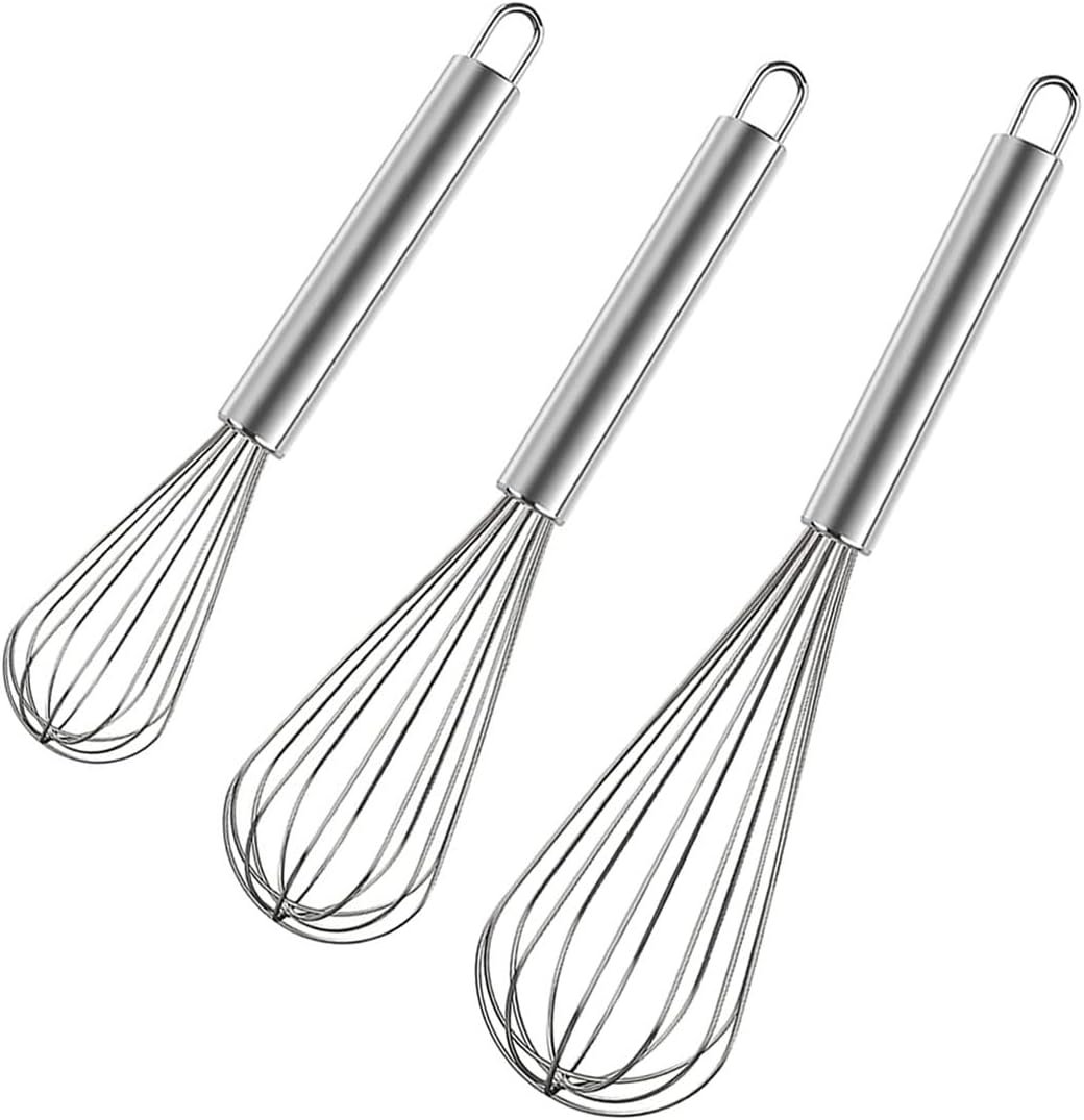 Polly Online Stainless Steel Whisk Set, 3 Packs Balloon Whisk for Cooking, Whisking, Blending (8″,10″,12″)