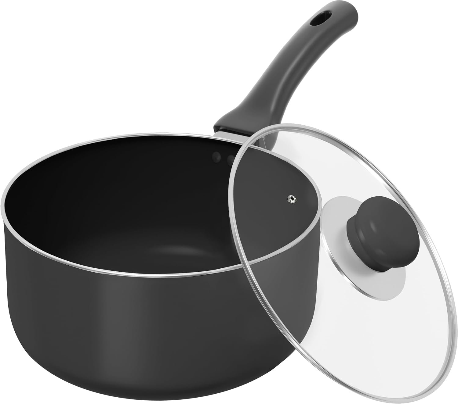 Utopia Kitchen Saucepan 2 QT Detachable Handle with Lid Grey Black | Glass Lid, Multipurpose Use, Home Kitchen and Restaurant, Nonstick Coating, Durable