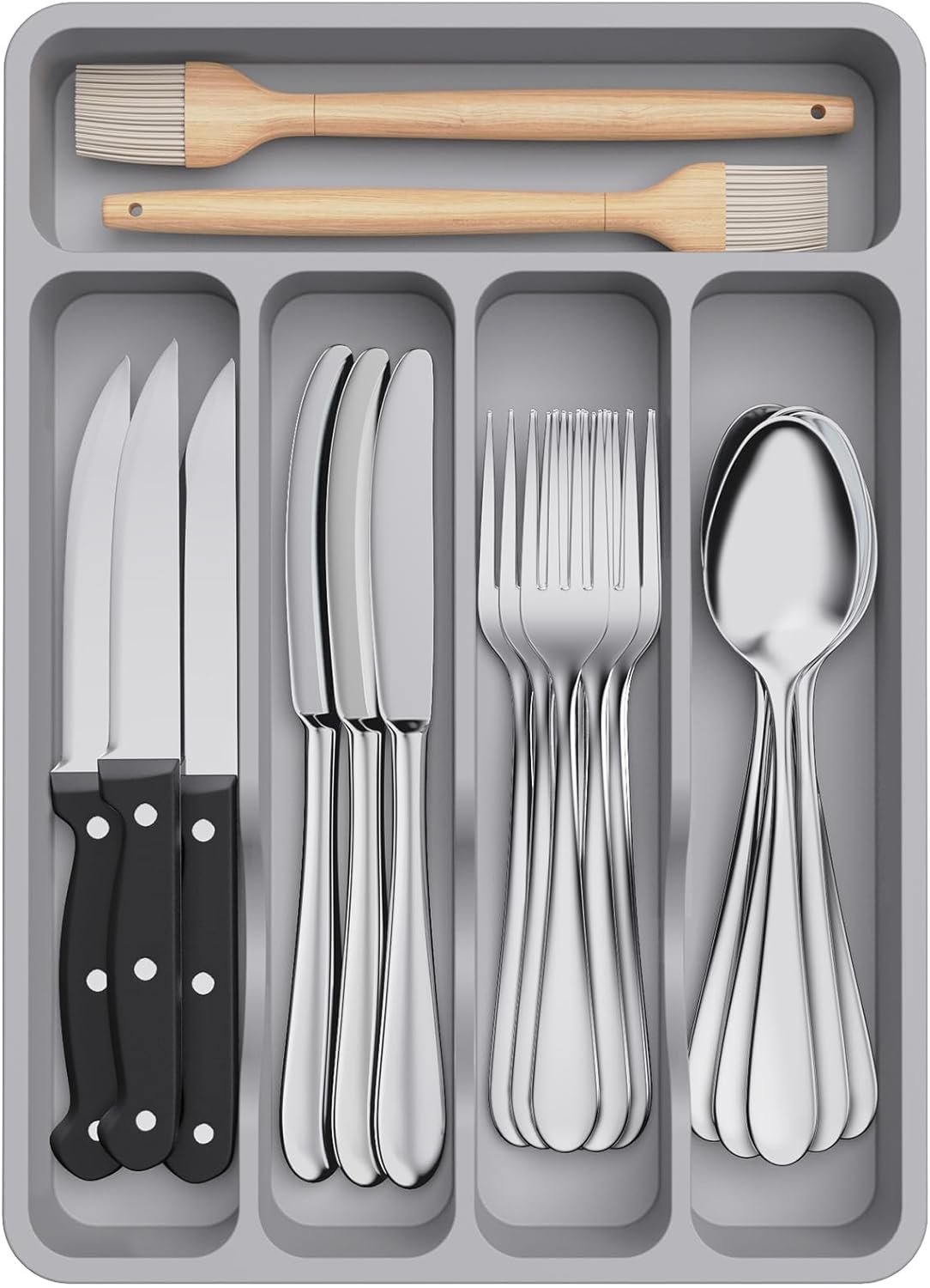 Lifewit Silverware Drawer Organizer Tray, Plastic Cutlery Storage for Kitchen, Flatware and Utensil Holder Divider for Spoons Forks Knives Tableware, 9.1 x 12.6″, 5 Slots, Gray