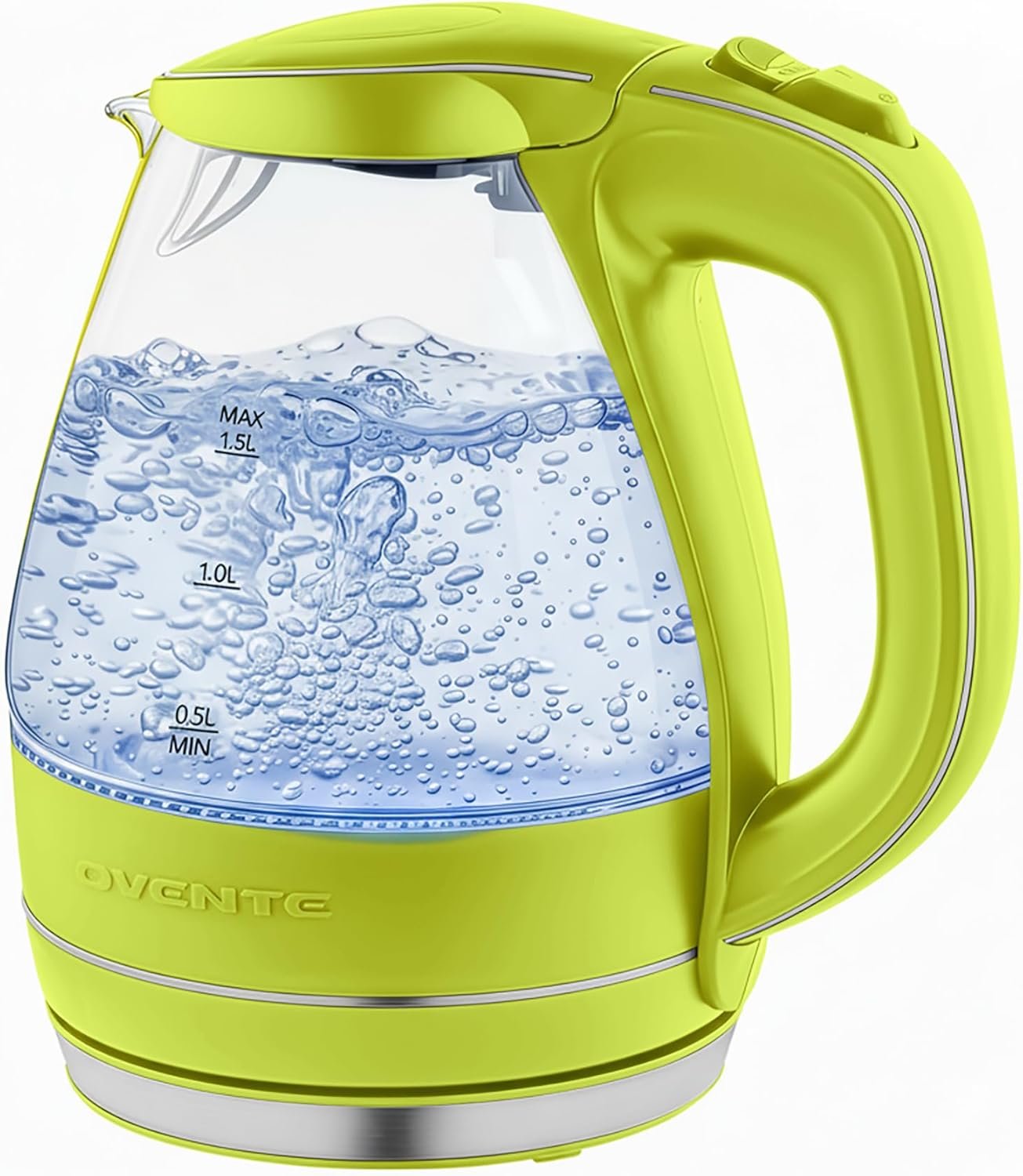 OVENTE 1.5L Glass Electric Kettle Water Boiler, Green KG83G | 1100W Fast Boiling, Borosilicate Glass, BPA-Free, Blue LED, Auto Shut-Off, Boil-Dry Protection, Removable Filter