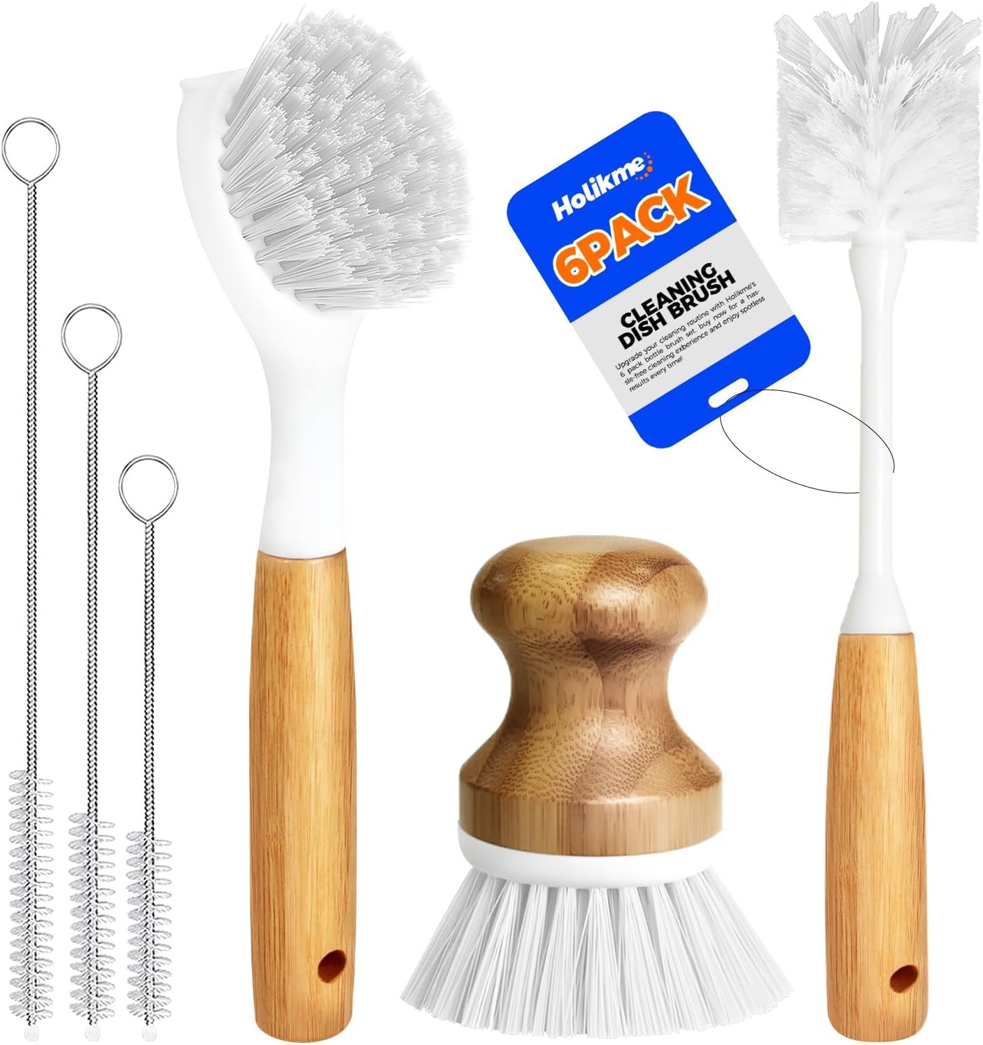 Holikme 6 Pack Dish Brush with Bottle Brush Scrub Brush Straw,White | Dish Brush, Palm Scrub Brush and Straw Brush, Dish Scrubber Long Handle for Dish Bottle Cup Skillet Wok Pot Pan Cast Iron