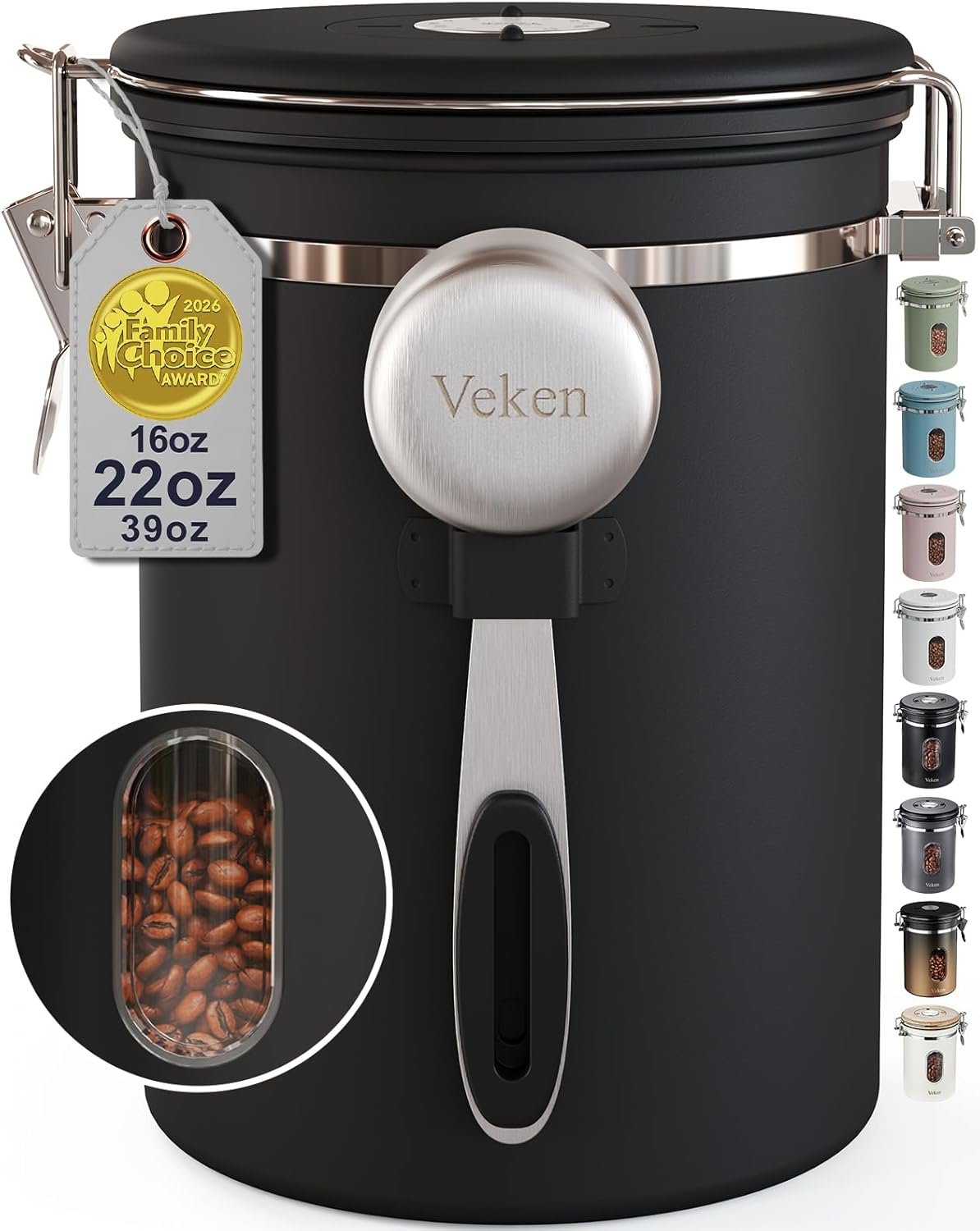 Veken Coffee Canister with Window, Airtight Stainless Steel Container, 22OZ | Kitchen Food Storage Organizers for Beans,Ground,Espresso,Rice,Tea,Sugar,Bar Accessories,Gifts,Jars, Scoop,Black