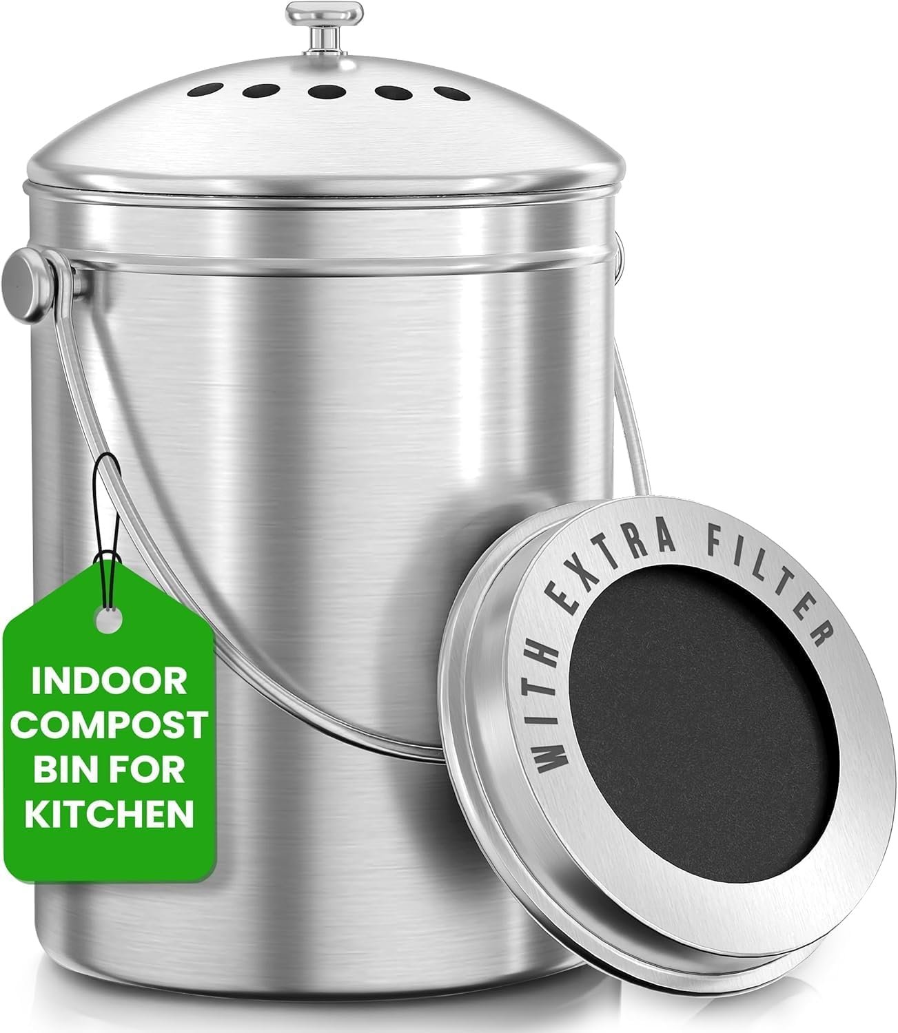 Utopia Kitchen Countertop Compost Bin 1.3 Gallon, Stainless Steel, Silver | 1.3-gallon countertop stainless steel compost bin with charcoal filter helps control odors and store food scraps.
