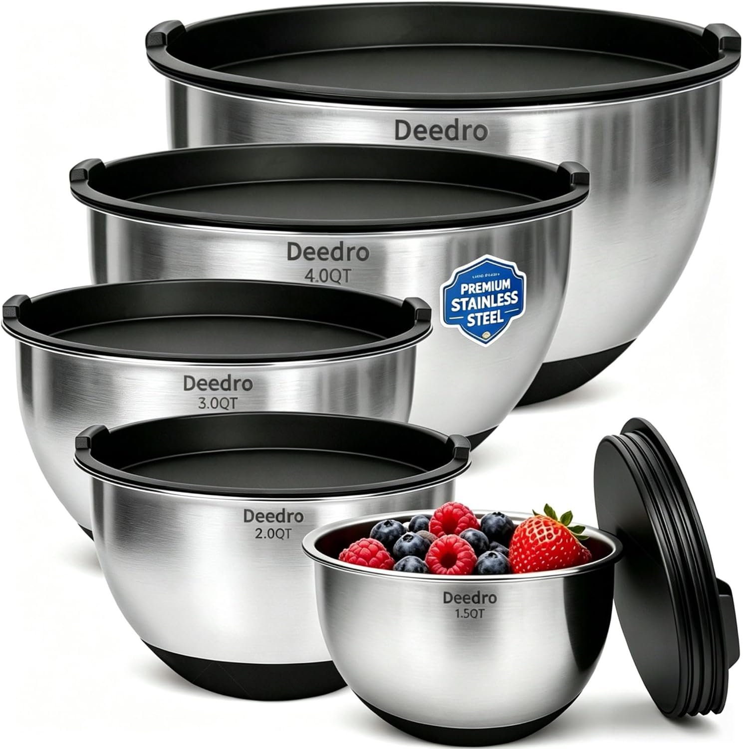 Deedro Mixing Bowls with Airtight Lids, Stainless Steel Mixing Bowls Set | 22 Pcs Nesting Bowls with Non-Slip Silicone Base, thicker Metal Bowls for Baking & Prepping, 1.5/2/3/4/5 QT, Black