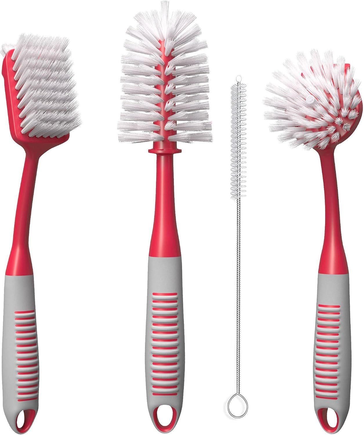 Dish Brush Set of 4 – Kitchen Scrub Brushes with Non-Slip Long Handle for Cleaning, Scrubber, Dishwashing, Dishes, Bottles, Straws, Cups, Pots & Sink, Red