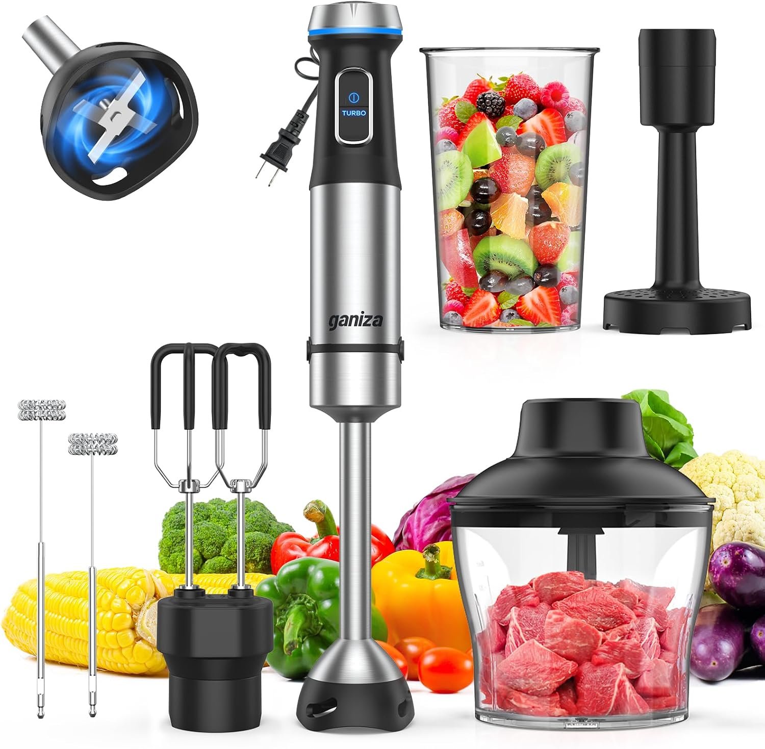 Ganiza Immersion Blender Handheld, 6 in 1 Corded Hand Blenders Immersion | Stainless Steel Blade, 15 Speed Stick Blenders Electric, 800ml Mixing Beaker, 600ml Chopper, Whisk, Frother, Potato Masher