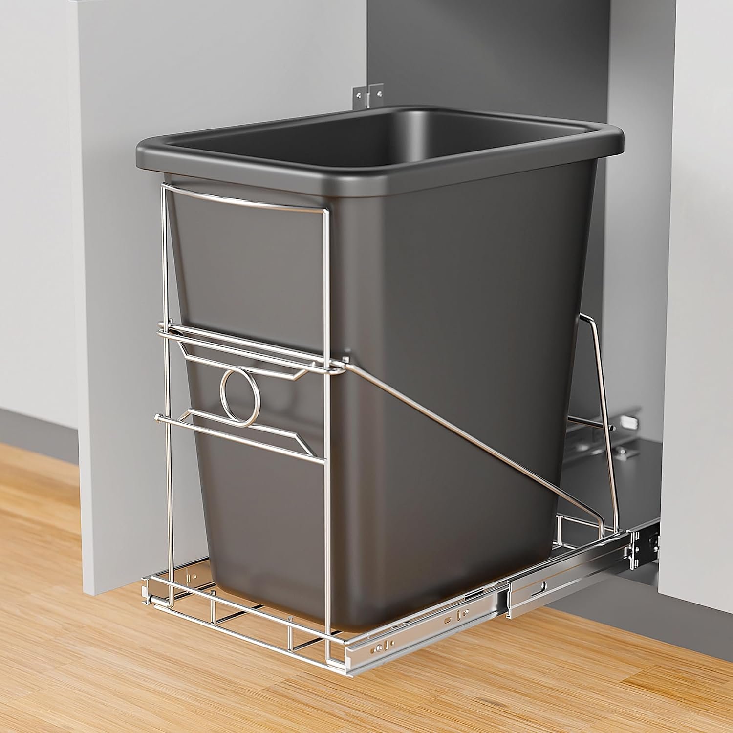 Pull Out Trash Can Holder, Adjustable Heavy Duty Cabinet Slide Out Kit for 7-11 Gallon Trash Cans, Under Sink Trash Can Rack with Smooth Ball Bearing Slides, Silver, Trash Can Not Included