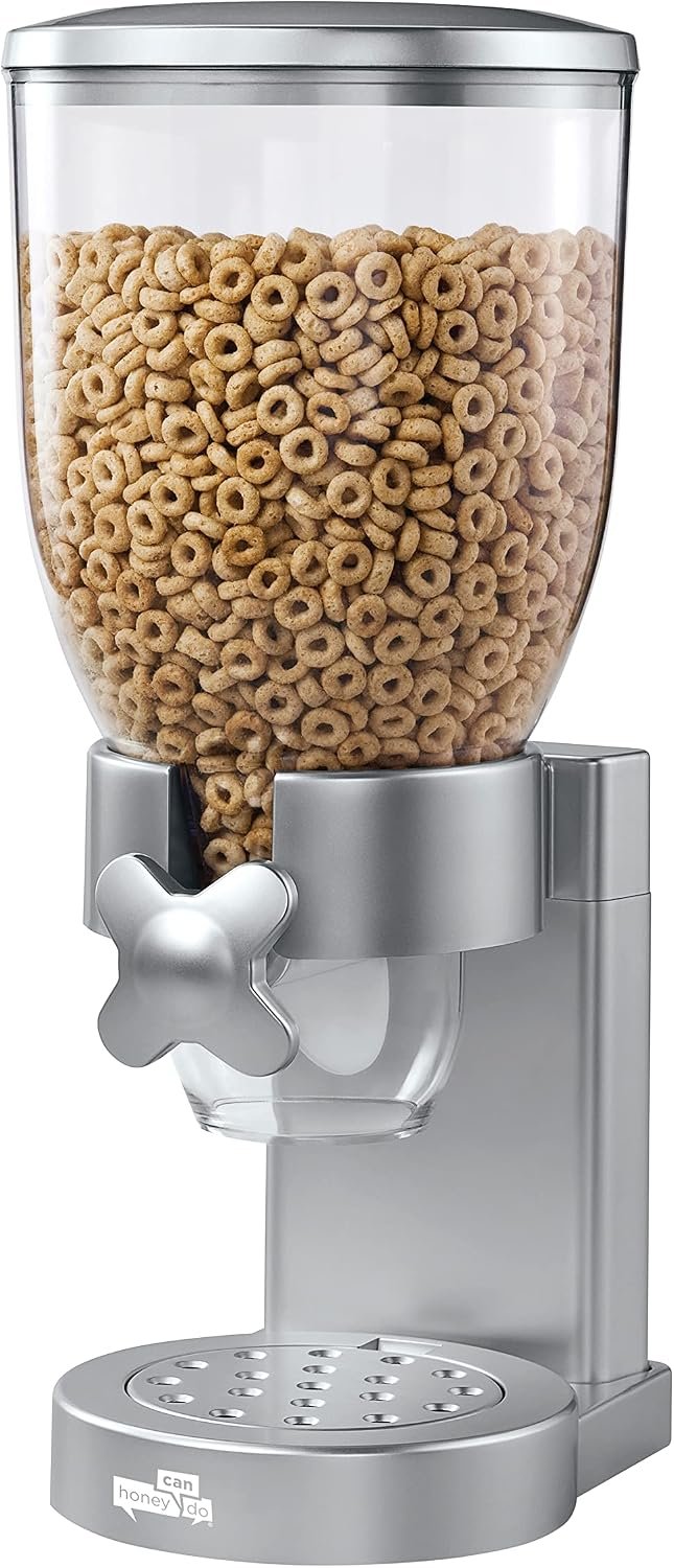 Honey-Can-Do Zevro Indispensable Single Dry Food Dispenser – Countertop Cereal Dispenser with Portion Control, 17.5 oz Capacity, Airtight BPA-Free Food Storage, Silver