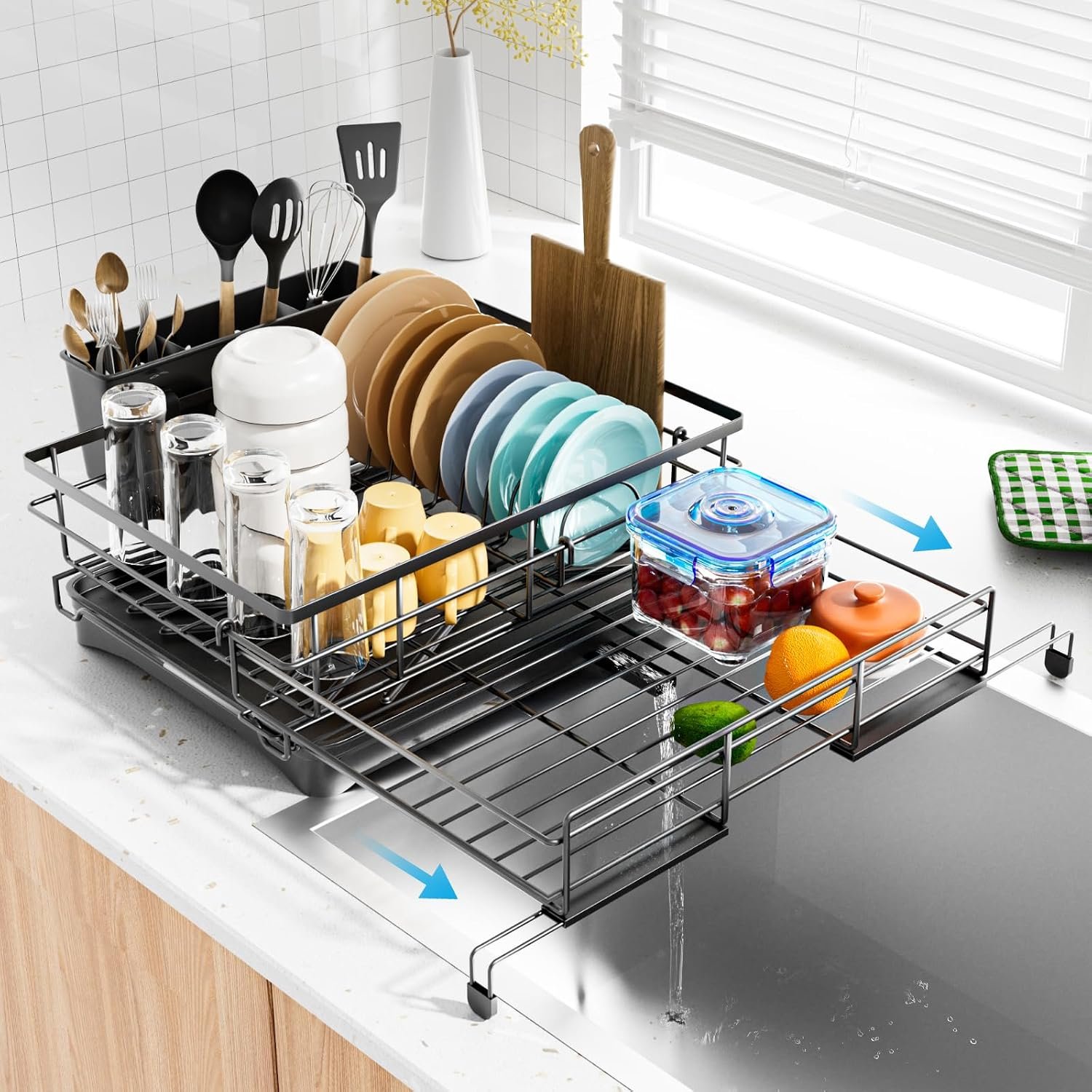 Laveshop Dish Drying Rack – Expandable Rack, Large Capacity Dish Drainer for Kitchen Counter, Rust-Proof with Utensil Holder, Black