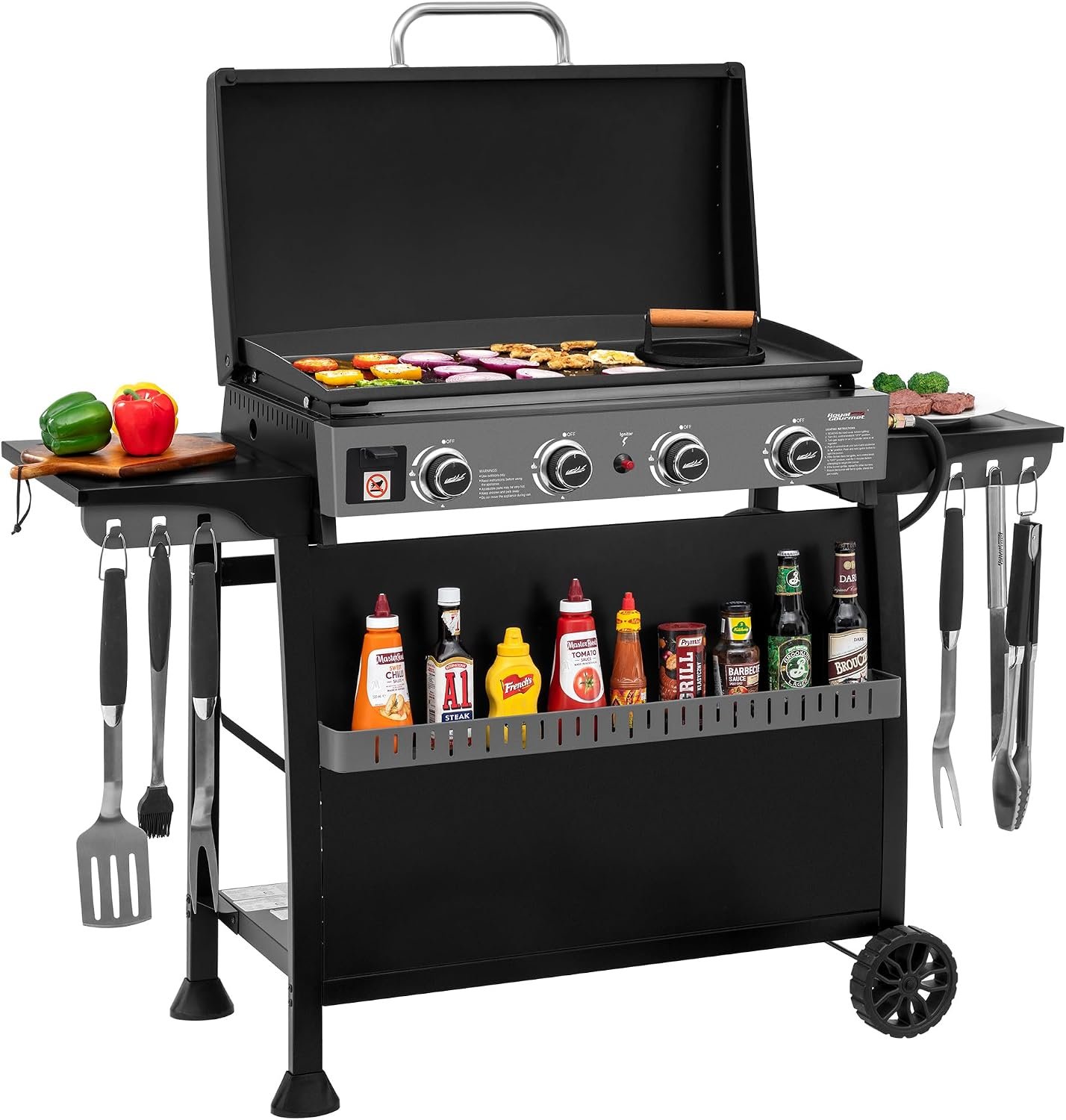 Royal Gourmet PD4001 4 Burner Propane Gas Griddle with Removable Standing Cart, Convertible to Tabletop Design, Flat Top Grill with Hood for Camping, Tailgating, Backyard, Black | Convertible to Tabletop Design, Black | Flat Top Grill with Hood for Camping, Tailgating, Backyard BBQ
