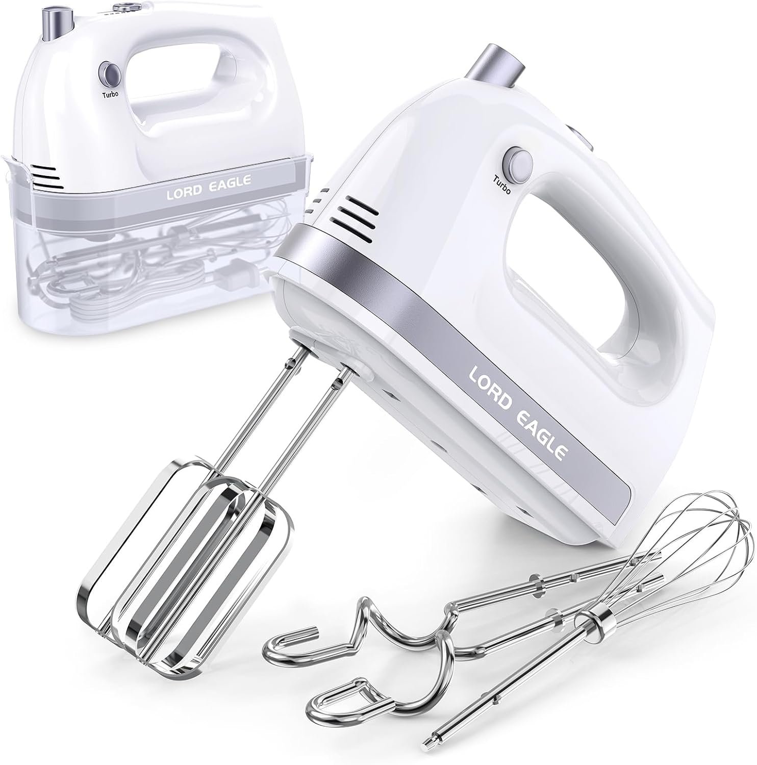 Lord Eagle Hand Mixer Electric Handheld 400W 5-Speed Lightweight | Kitchen Mixer with Storage Case, 5 Stainless Steel Attachments for Baking Cake Egg Cream Food Beater, Turbo+Eject Button