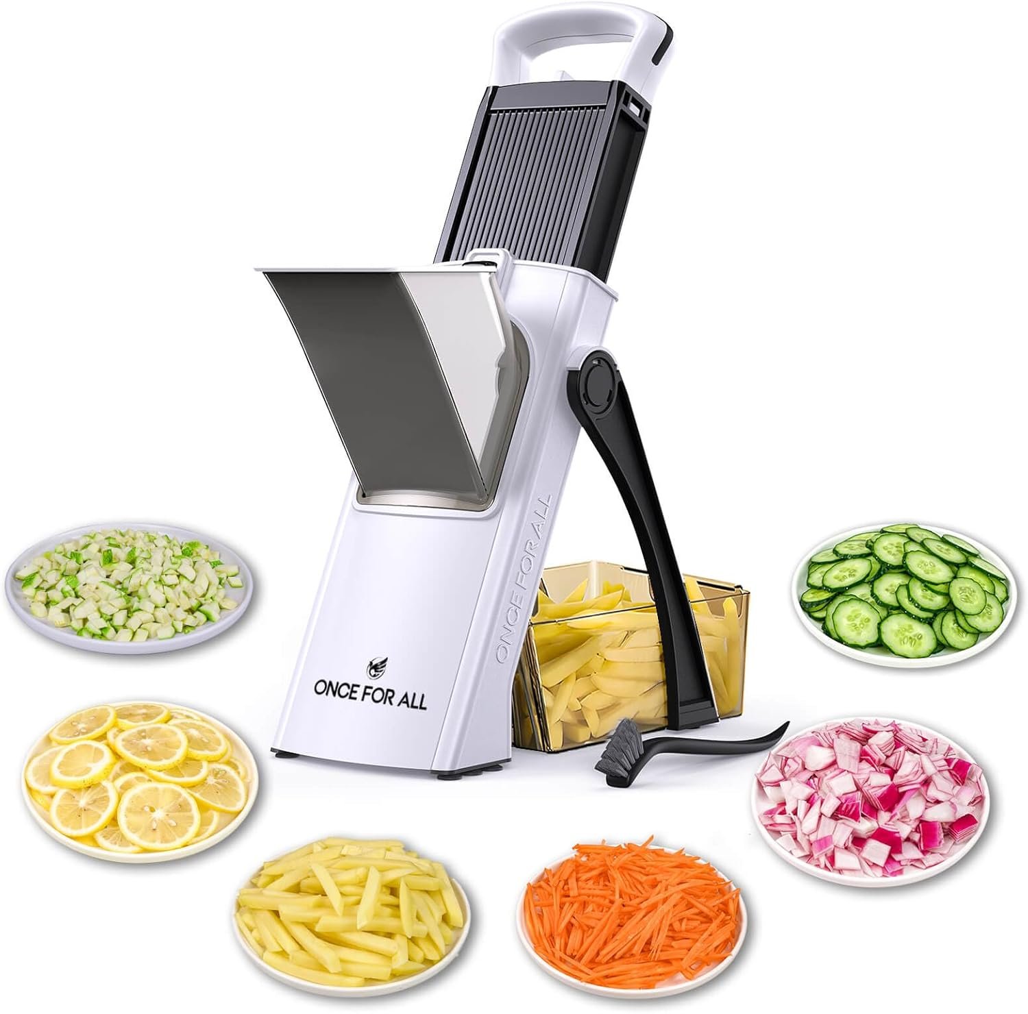 ONCE FOR ALL Safe Mandoline Slicer Plus, Bigger Size, Potato Slicer, Black | 0.1-8mm Adjustable Vegetable Food Chopper, Kitchen Mandoline Slicer Stainless Steel, Detachable Blade, Dishwasher-safe, Gift