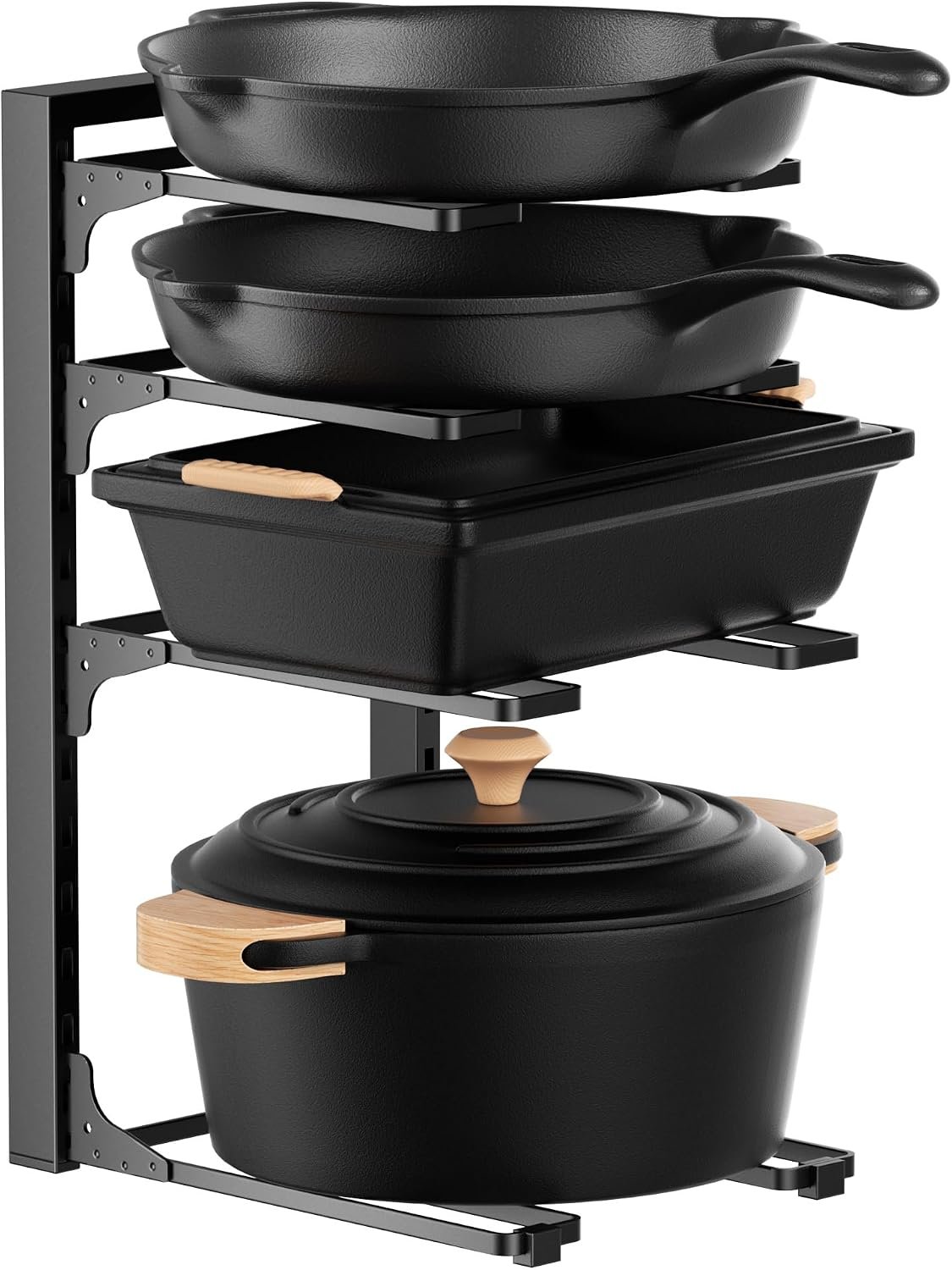 MUDEELA Pots and Pans Organizer under Cabinet 15.75″ Tall, 4-Tier Heavy Duty Pan Organizers inside Cabinet Kitchen Storage, Adjustable Pot Rack Holds up to 88 LB Cast Iron Skillets Shallow Cookware