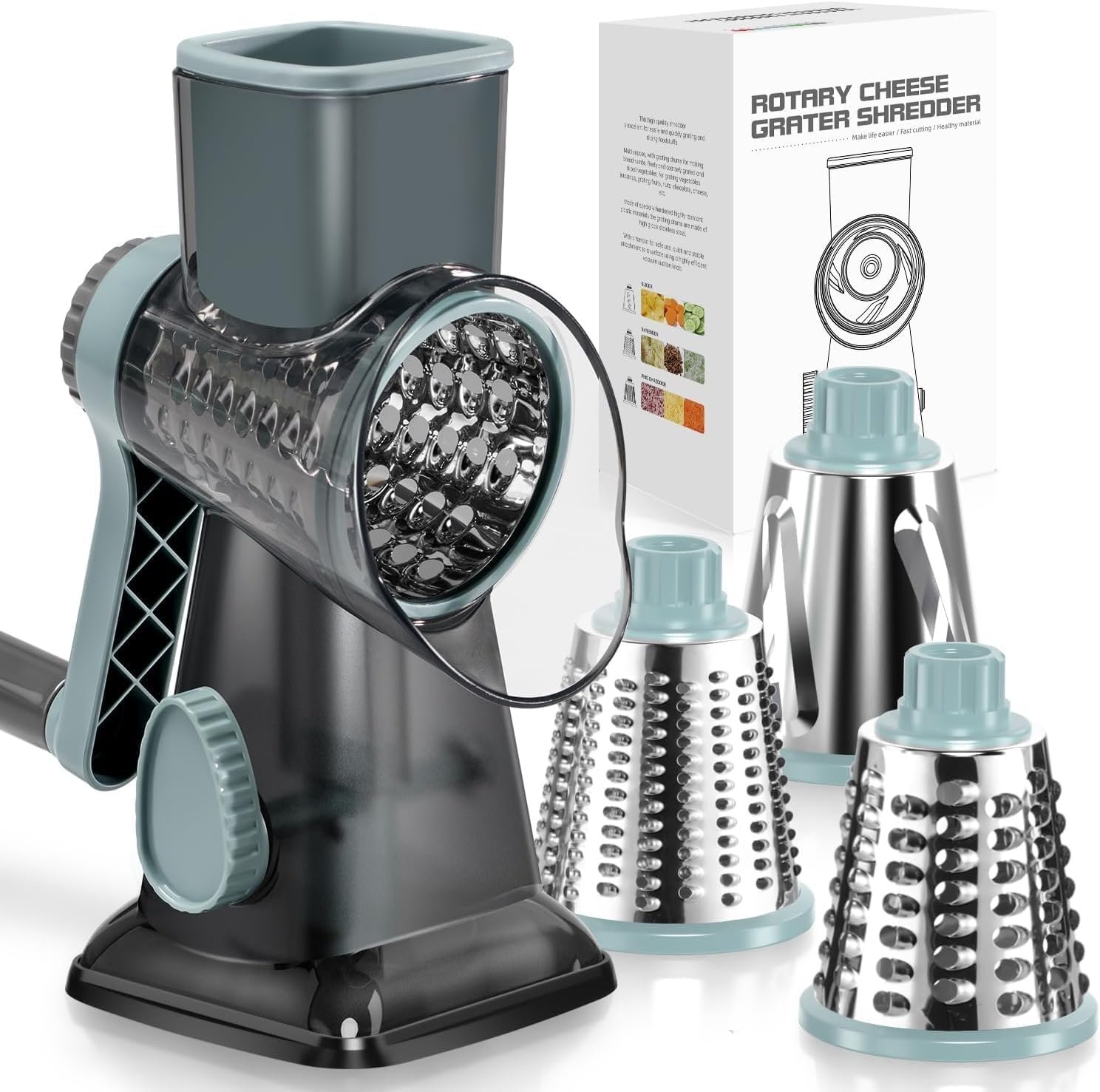 Rotary Cheese Grater Hand Crank Transparent – Shredder Slicer Grinder 3 Stainless Steel Blades, Stable Suction, Labor-Saving Handle, Safe Kitchen Tool for Cheese, Vegetable, Nuts, Chocolate