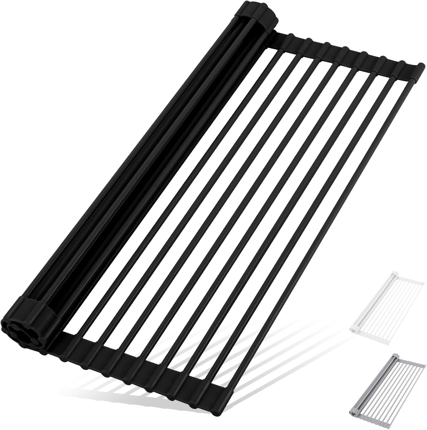 HANZENMA Roll Up Dish Drying Rack Over The Sink Kitchen Roll Up Sink Drying Rack Multipurpose Foldable Sink Drying Mat, Heat-Resistant, Anti-Slip & Anti-Rust Dish Rack for Kitchen, 17″ x 13″, Black