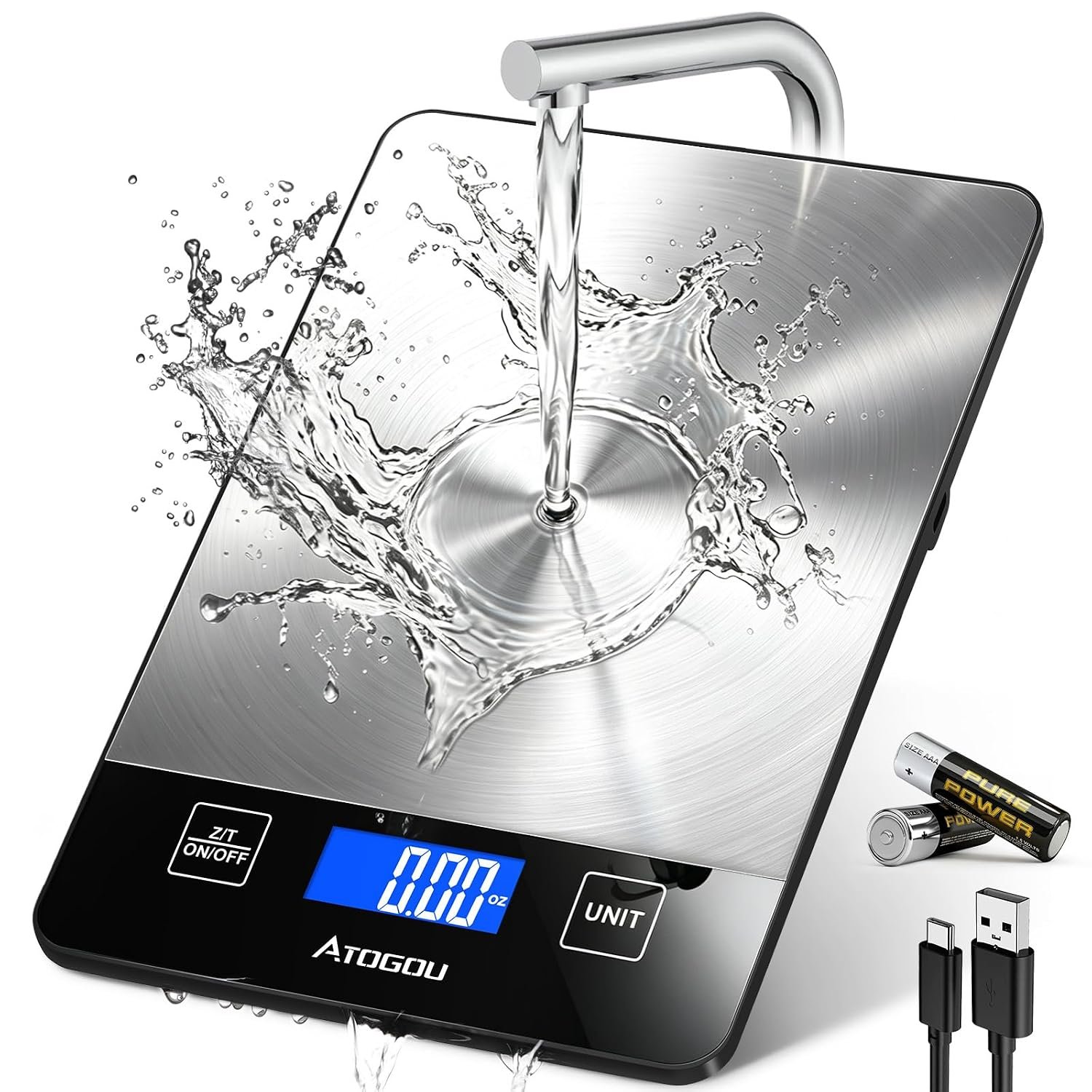 Atogou Food Scale Rechargeable – 33lb Digital Kitchen Scale Ounces Grams | Full-view Display, Water-Resistant, Batteries or USB-C Charging, Stainless Steel, for Cooking, Meal Prep, Package (Black)