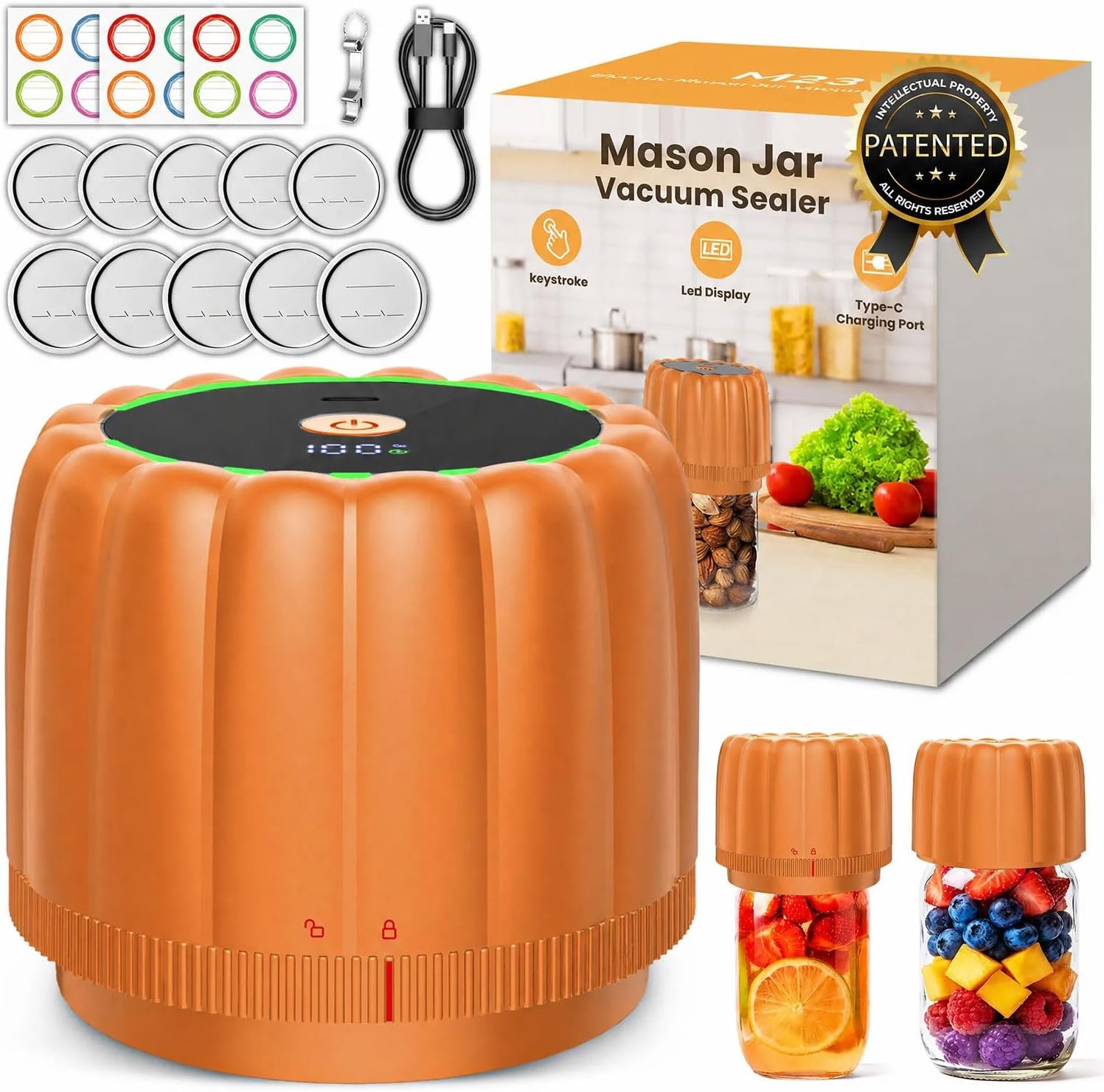2026 Upgraded Electric Mason Jar Vacuum Sealer Kit with Wide and Regular Mouth Mason Lids -80kpa Automatic Vacuum Pump 2500mAh Battery One Touch Canning Sealing Machine for Food Storage Orange | 2026 Upgraded -80kpa Automatic Vacuum Pump 2500mAh Battery One Touch Canning Sealing Machine for Food Storage Orange