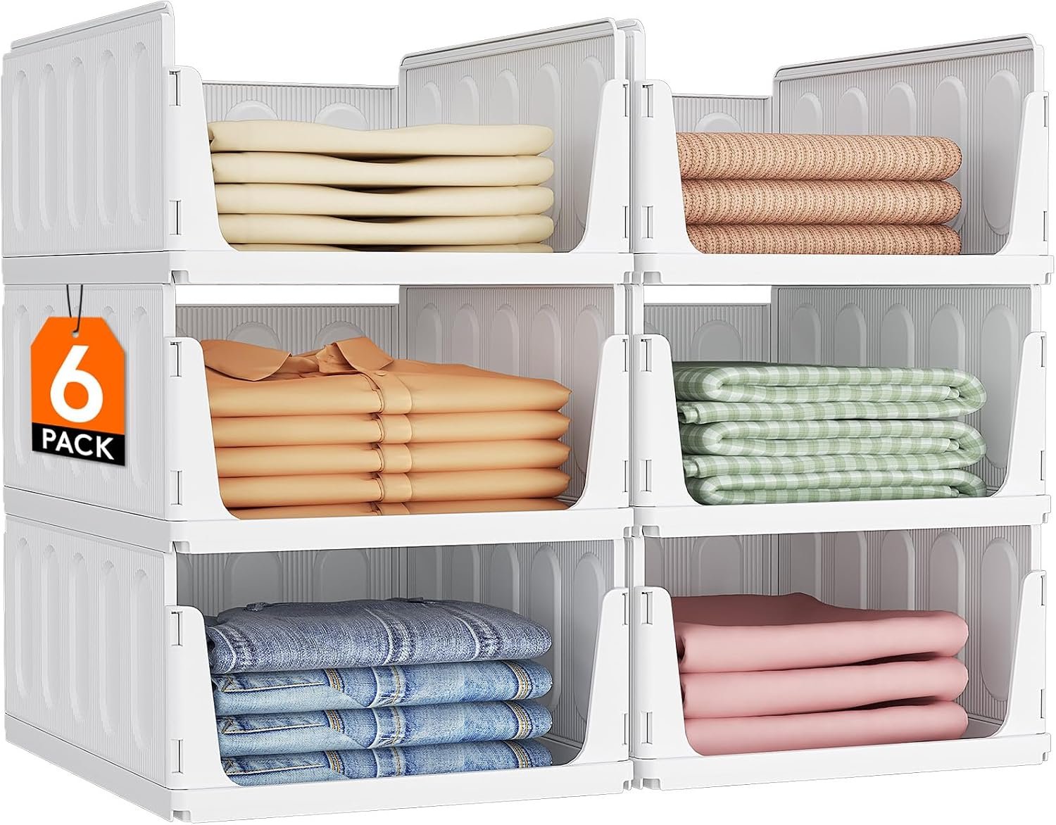 Lifewit Stacking Closet Organizers Shelf for Clothes 6 Pack 16.1″ Depth | 16.1″ depth, open front basket, top shelf storage bins, store clothing sweater jeans, for Pantry, Kitchen, Dorm