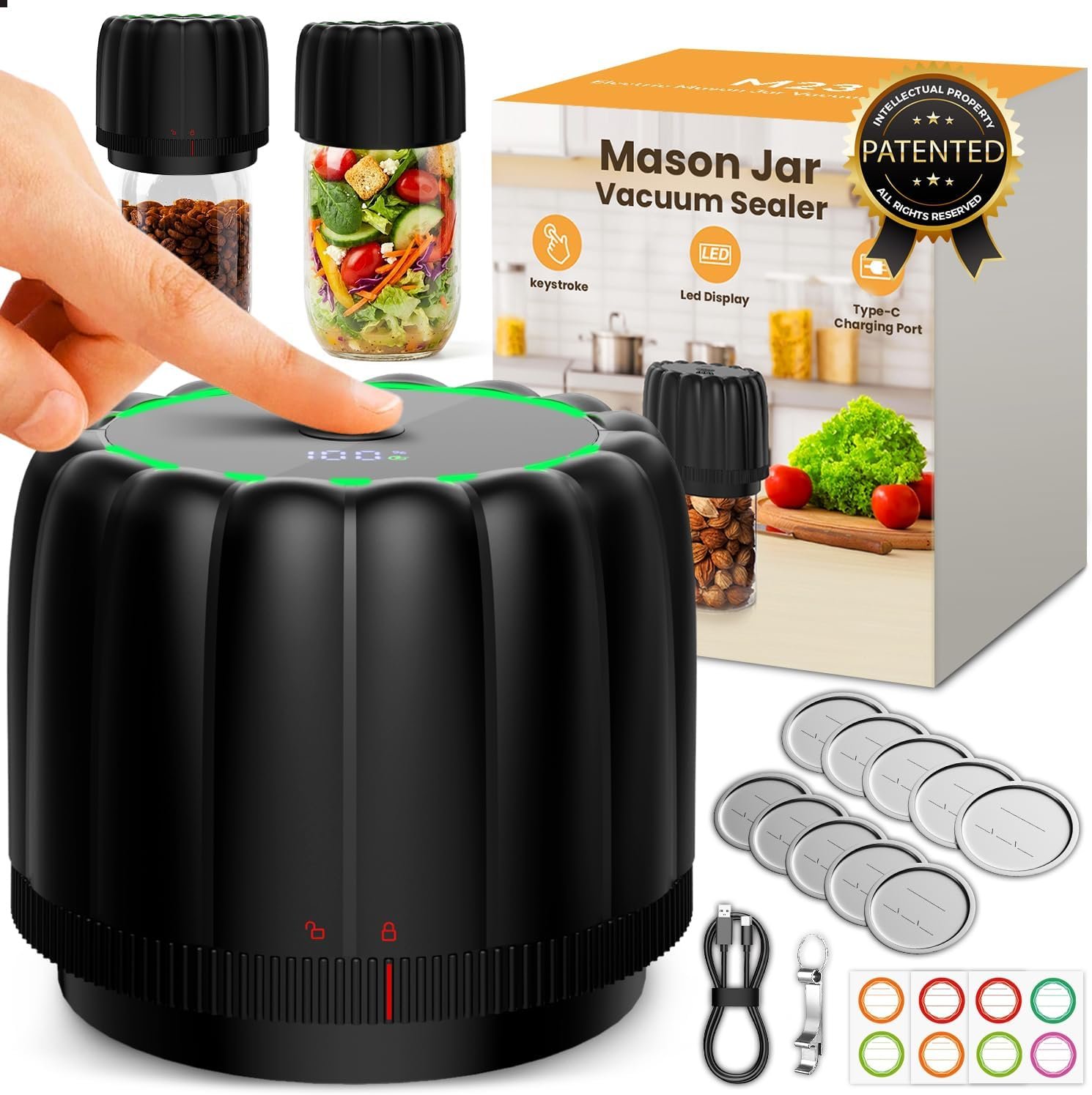 RACAZL Electric Mason Jar Vacuum Sealer Kits for Wide Regular Mouth Jars | Upgraded -80kPa Vacuum Sealers Auto Canning Sealing Machine with 2500mAh Battery and 10 Lids for Food Storage Reducing Waste