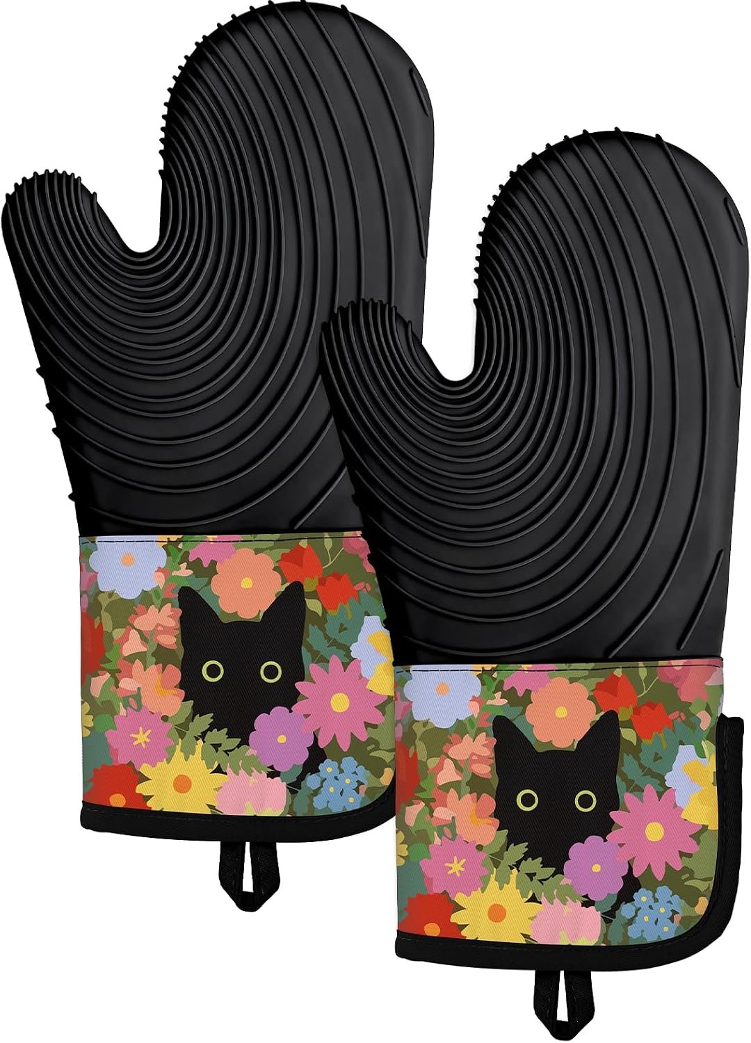 Slohif Long Silicone Oven Mitts Heat Resistant for Women – 2 Pcs Black Cat 100% Cotton Oven Gloves, Non-Slip and Waterproof Silicone Oven Mitts with Hanger for Baking and Cooking