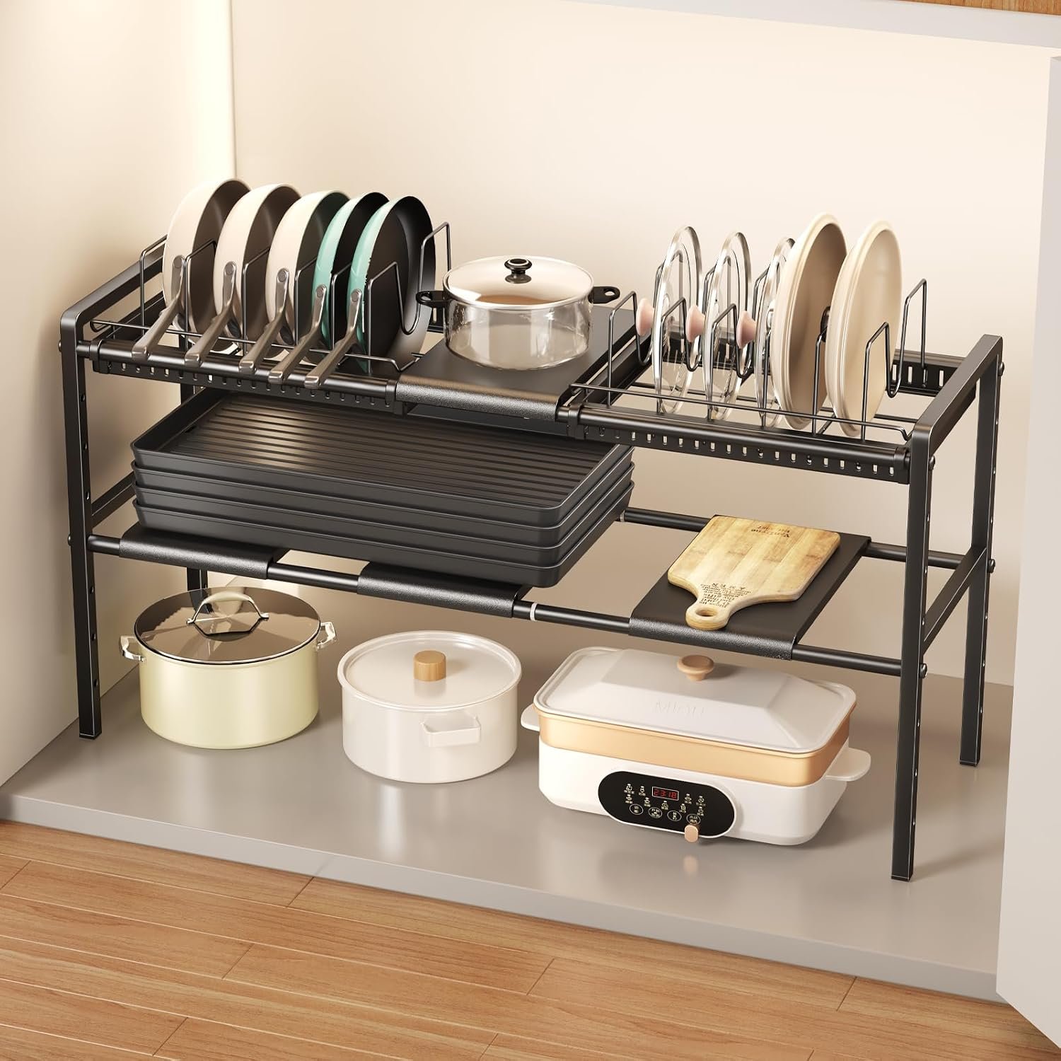Mustorn Pots and Pans Organizer Under Cabinet, Expandable 2 Tier Under Sink Organizers and Storage Adjustable Height Kitchen Pot and Pan Lid Holder Rack with 12 Dividers Under Cabinet Shelf(Black)