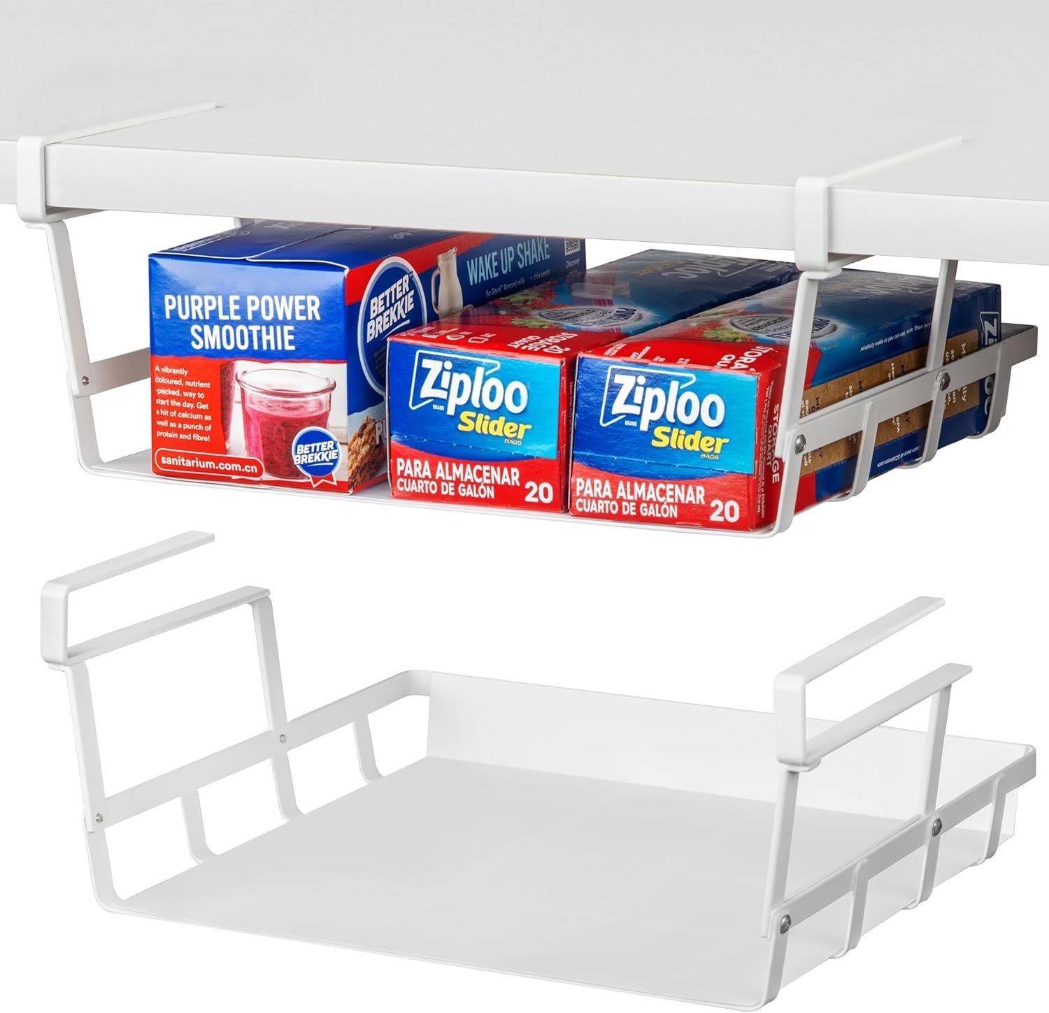 Under Shelf Basket, 2 Pack Under Cabinet Shelf Basket Organizer | Hanging Wire Storage Baskets, Slide-in, Add-on Space Saving for Kitchen Pantry Laundry Room Desk Bookshelf, White