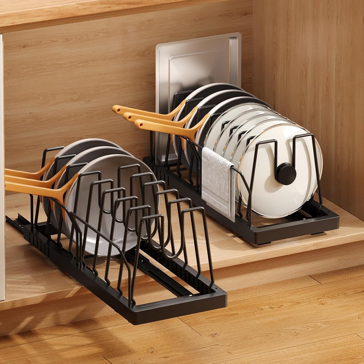 Mustorn 2 Pack Pots and Pans Organizer Under Cabinet, 21.6″ Deep Pull Out Pot Lid Organizer Holder with Guardrail Adhesive Pot and Pan Holder Rack with 10 Adjustable Dividers(Black)