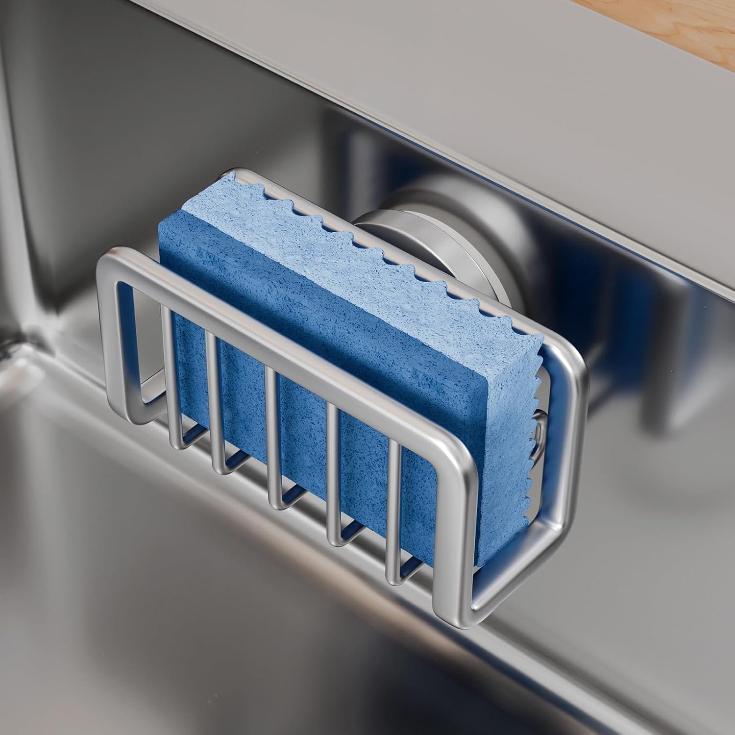 TAILI Sponge Holder for Kitchen Sink with Strong Suction Cup, Removable Sponge Holder, Rustproof Aluminum Sink Caddy for Sponges, Dish Brush – Silver