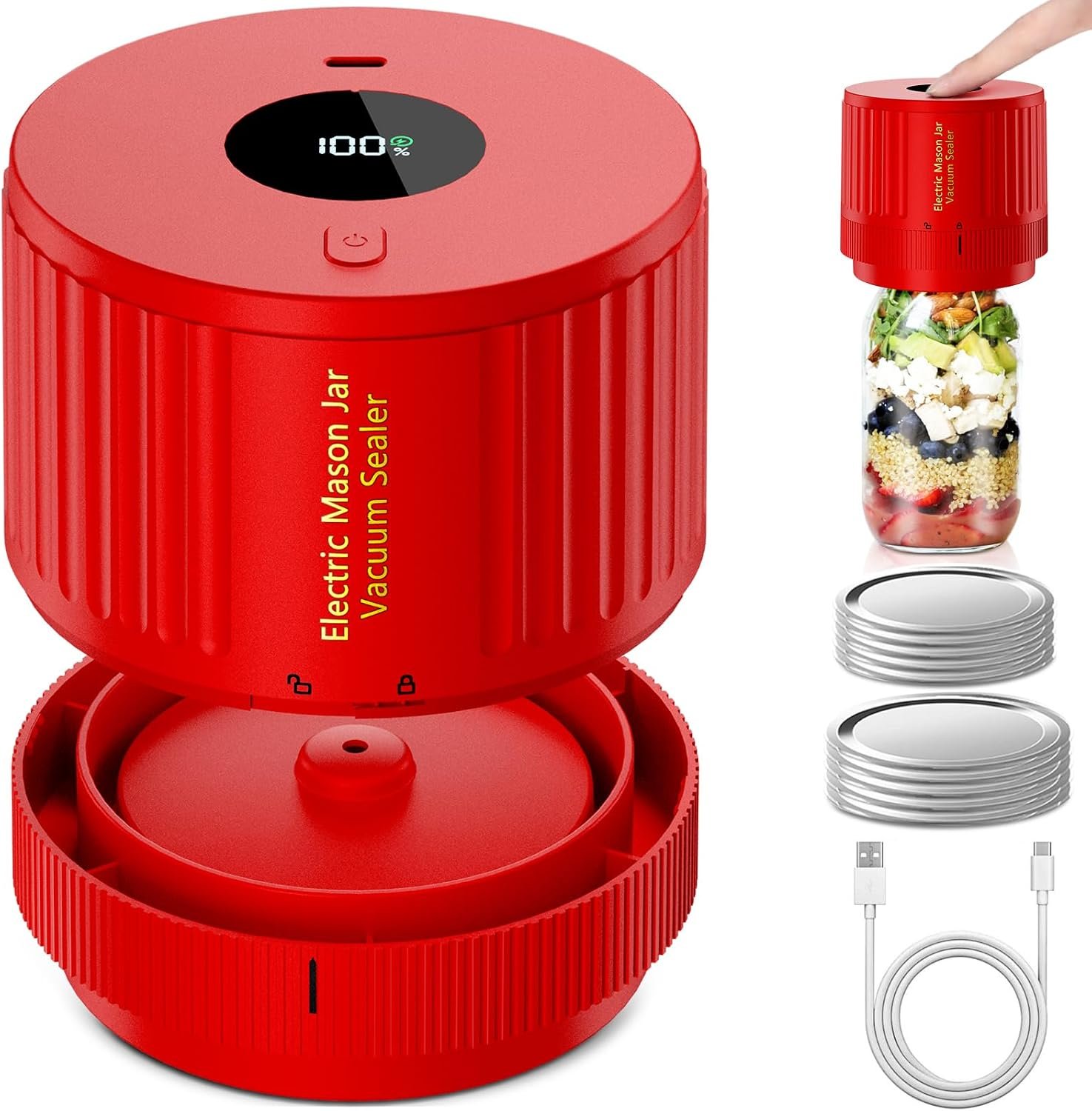 LOVE MOMENT Electric Mason Jar Vacuum Sealer Kit – Red | for Wide Mouth and Regular Mouth Mason Jar