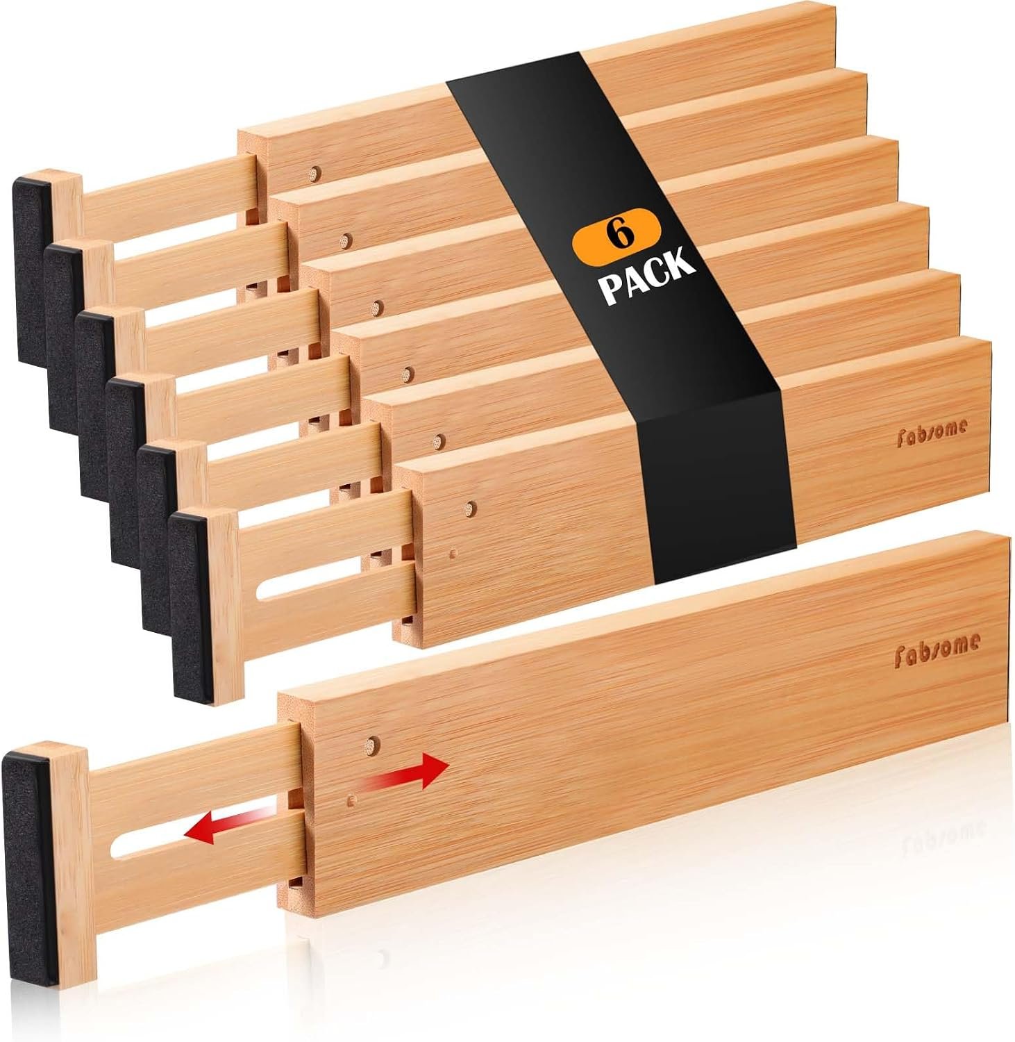 Fabsome Drawer Divider 6 Pack, Bamboo Dresser Organizers for Clothes Socks Underwear Baby Clothing, Wooden Separators for Nursery Organization Adjustable from 12.5” to 17” with Soft Foam Ends