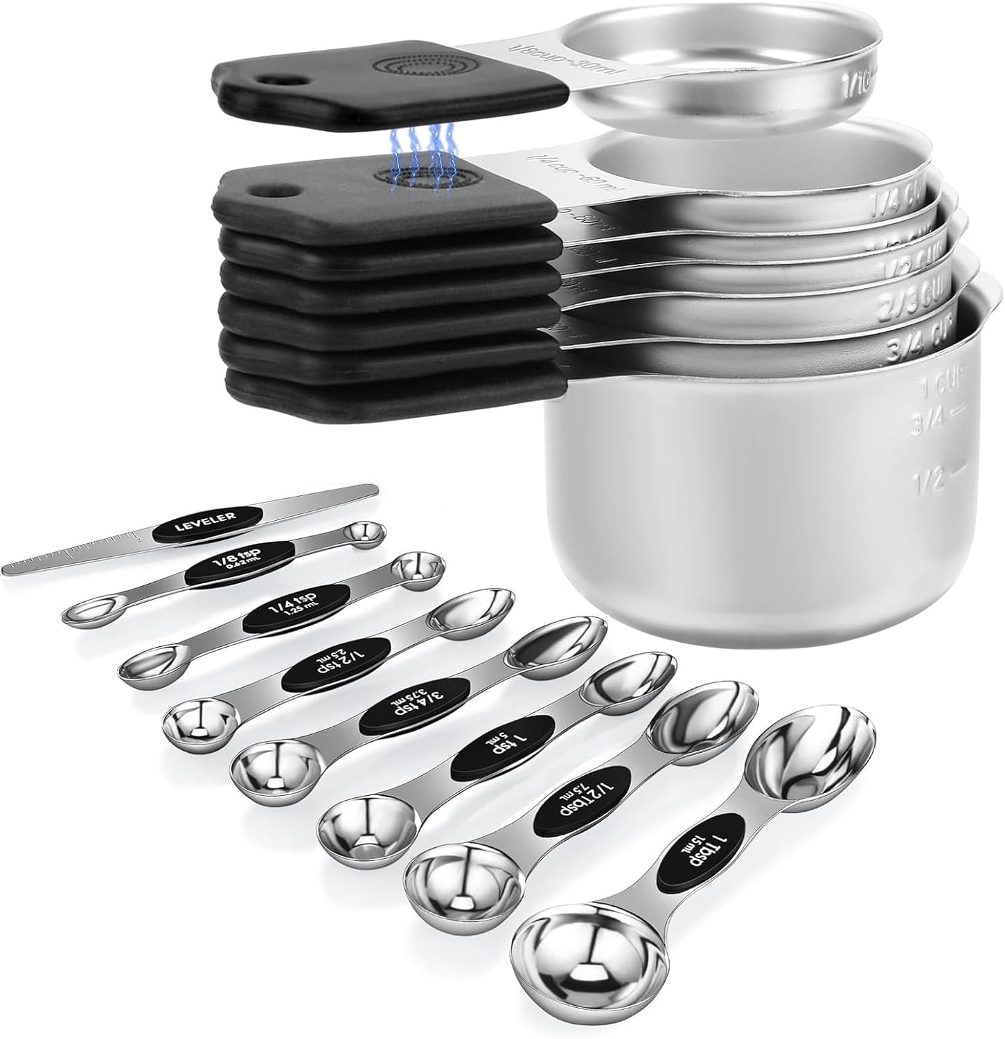 Magnetic Measuring Cups and Spoons Set, N52 Magnetic spoons Nesting Design, 304 Stainless Steel measuring cups, BPA Free, Dual-sided Design Set of 15 with Leveler for Dry & Liquid Ingredients Black